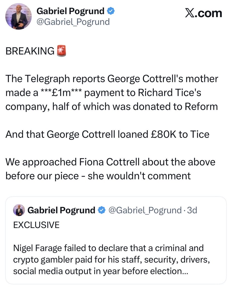 King0243_PJC's tweet photo. The allegations emerging around Reform UK are extraordinary. 

If even a fraction of these reports are borne out, they raise serious questions about transparency, money and influence in British politics. Everyone should be paying attention.

And spare me the claims of “objective analysis” from Isabella Oakeshott. 

She is engaged to Richard Tice. She isn’t an independent observer, she has a direct personal stake in defending him.