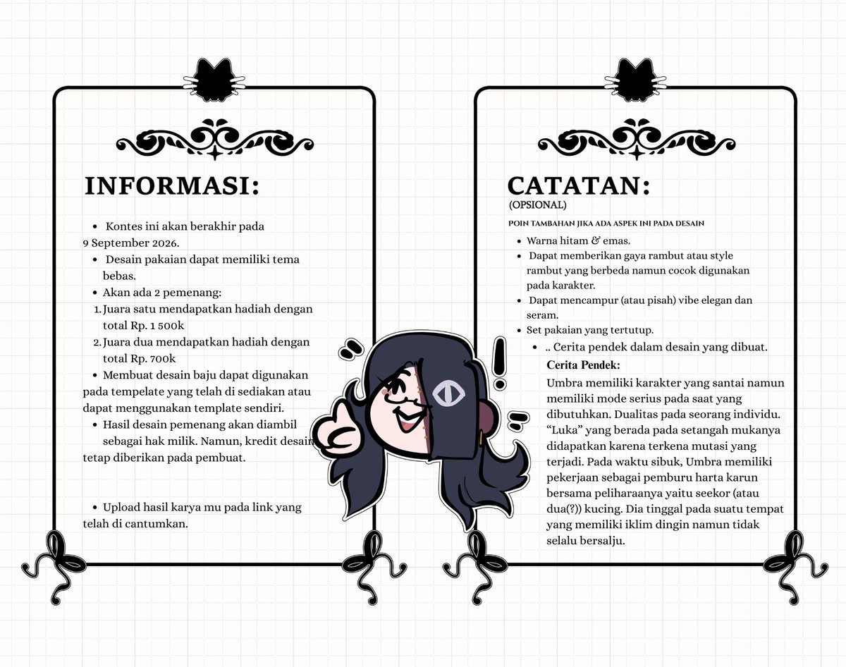umbraanimaa's tweet photo. ࣪ ִֶָ☾. OUTFIT DESIGN CONTEST࣪ ִֶָ☾.
Halo semua!
Aku membuka kontes desain baju untuk karakter ku. Pemenang akan diumumkan pada tanggal 9 September 2026 dengan HADIAH Rp. 1,5JT bagi pemenang pertama dan Rp. 700k untuk pemenang kedua!!
(1/2) https://t.co/eZNslKUASu