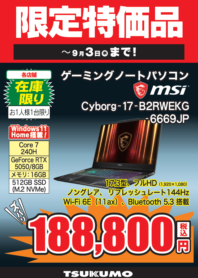 メモリ大量セット 20枚512MB/1GB 20枚　ジャンク扱い 本店1F】本体コーナー 【限定特価品】 MSI Cyborg-17-B2RWEKG-6669JP