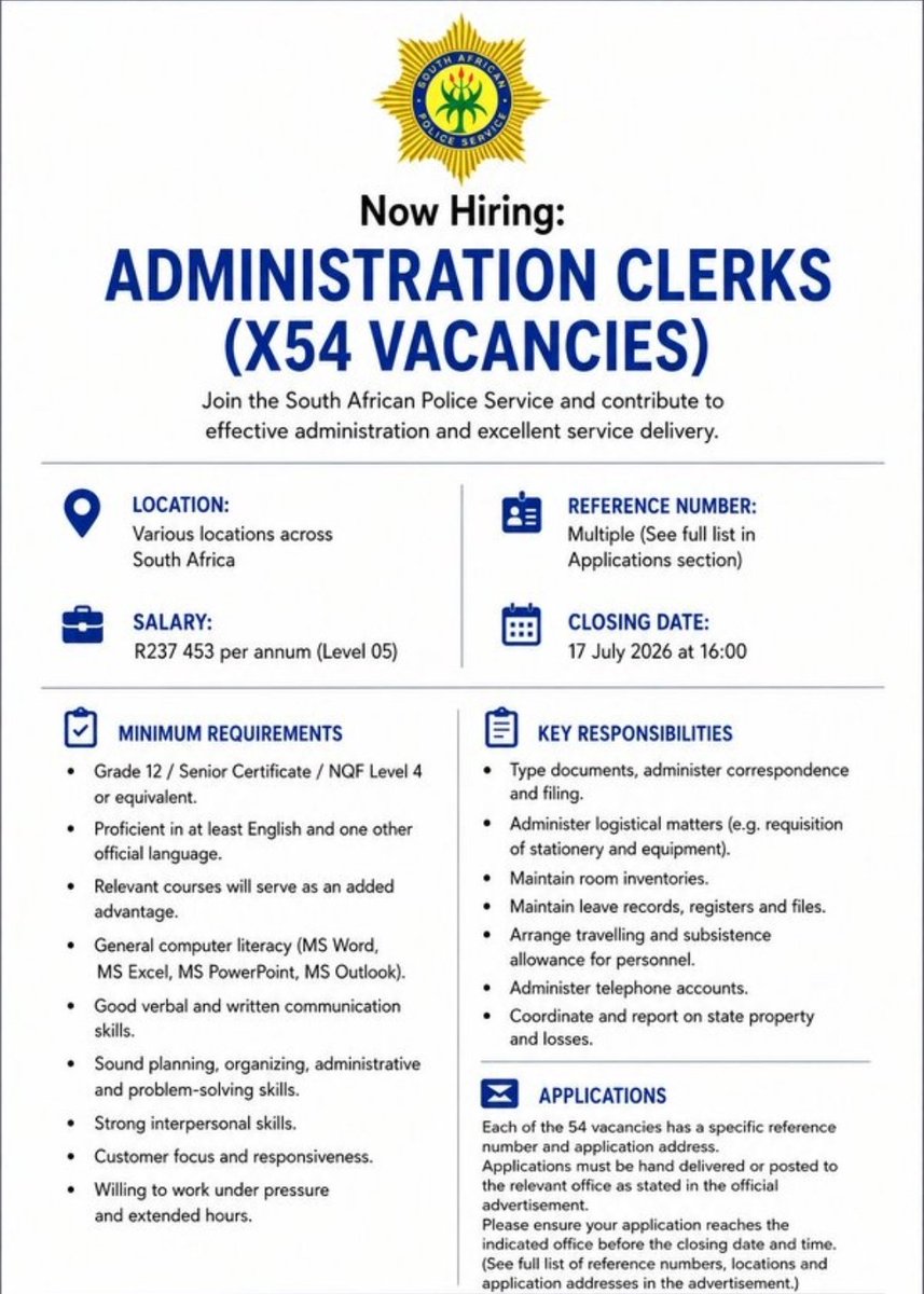 CarolBoitumelo1's tweet photo. SAPS IS HIRING Admin Clerks 

📌 Administration Clerks X54 posts 

South African Police Service
 
Yearly Salary: R237,453

Closing Date: 17 July 2026

Apply using the official Z83 form
Email and hand-delivery accepted.

Note: Visit Their Official Site To Apply

Full Details: https://t.co/DwpfSNdbX3