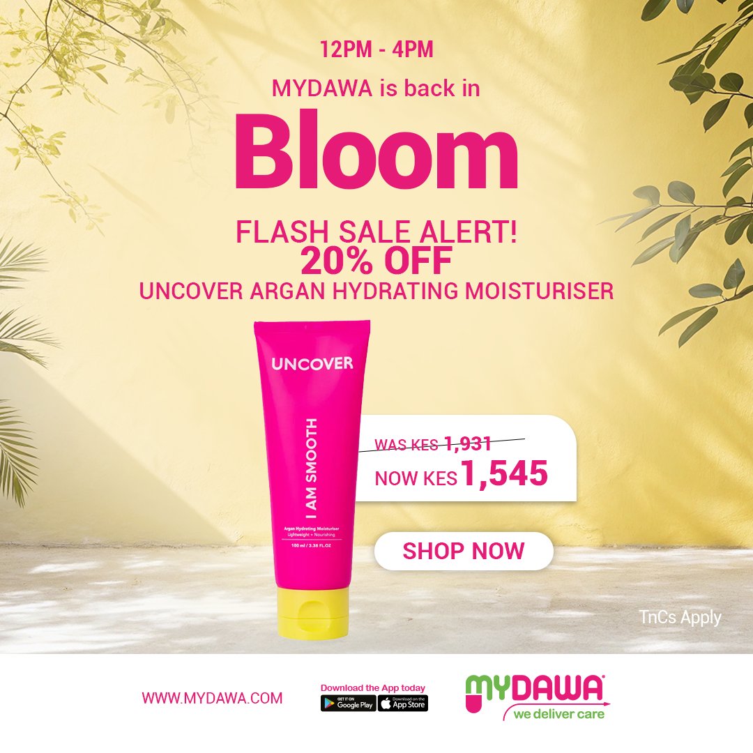 MyDawaApp's tweet photo. ⏰ Ready? The Bloom Flash Sale drops at 12 PM TODAY! 🌸

Get 20% OFF the Uncover Argan Hydrating Moisturiser.
💚 Was: KES 1,931
💚 Now: KES 1,545
⏳ 12 PM – 4 PM only. Don't miss out! 

#BackInBloom
#FlashSale https://t.co/ulC1Vjp10u