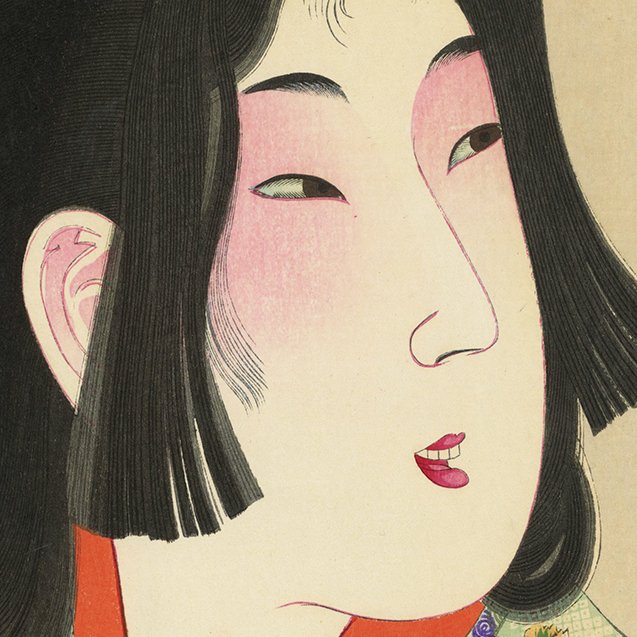姫カット、目の周りの紅色メイク、コマ絵には袖長く丈短め「蝙蝠羽織