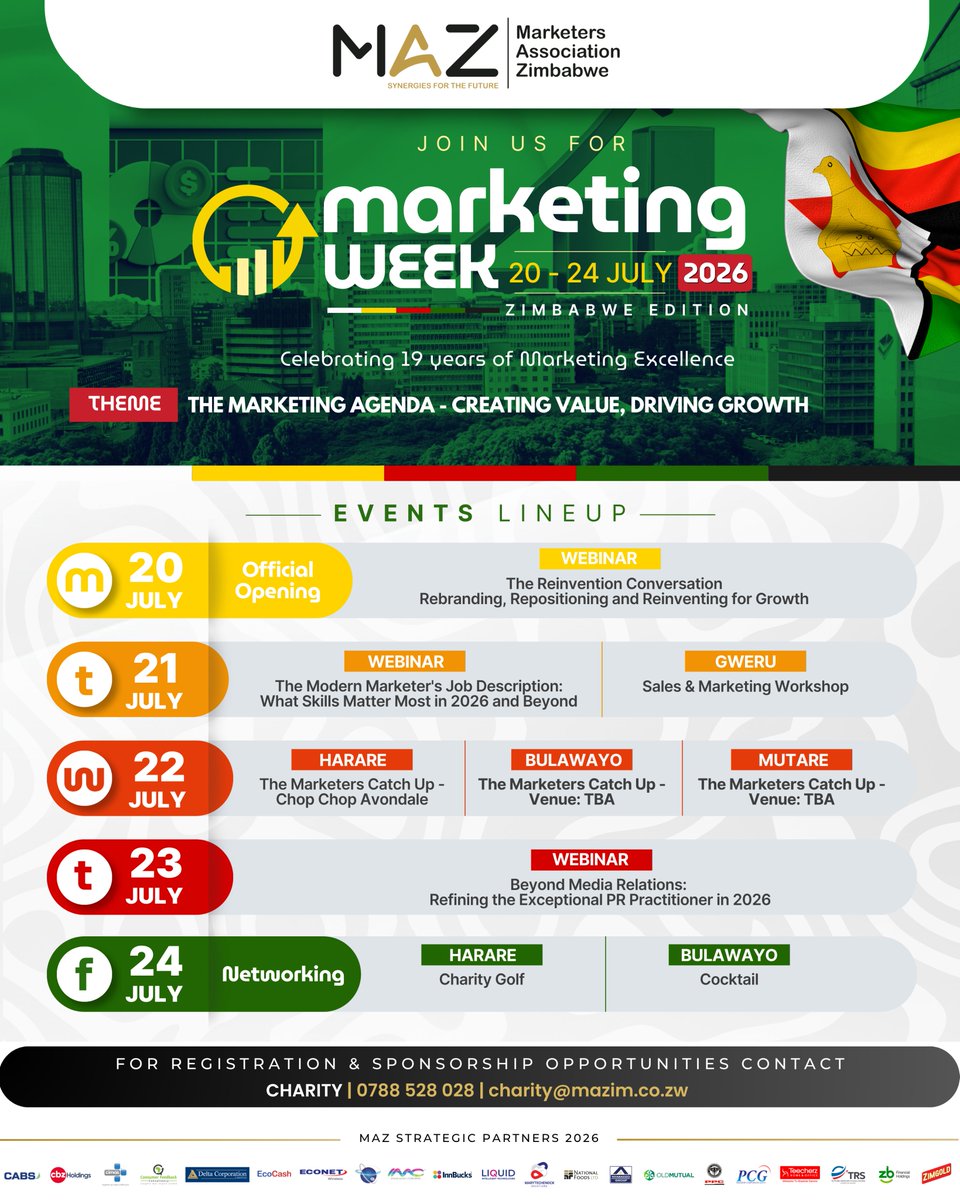 MarketersZim's tweet photo. 🇿🇼 Zimbabwe's biggest celebration of marketing excellence is here.

For one unforgettable week, the country's leading marketers, business leaders, entrepreneurs and communications professionals come together to learn, connect, innovate and grow. https://t.co/hp2mfdwG3h
