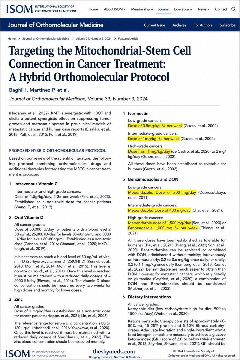 Ivermectinkart's tweet photo. CANCER HAS BEEN CURED

Ivermectin & Fenbendazole cure cancer.

Pass it on.

BREAKING NEWS: First-in-the-World Ivermectin, Mebendazole and Fenbendazole Protocol in Cancer has been peer-reviewed and published on Sep.19, 2024! 

The future of Cancer Treatment starts NOW.

My thanks to lead authors Ilyes Baghli and Pierrick Martinez for their incredible inspired work, FLCCC’s Dr.Paul Marik for his extensive work on repurposed drugs and every co-author who worked hard to bring this paper to life.

I hope that this peer-reviewed paper lays the groundwork for a brand new future for Cancer Treatment.

Many of you know that I have been helping thousands of Cancer patients with high dose Ivermectin, Mebendazole, and Fenbendazole

FOLLOW ME, THE NEXT DROP WILL BE SHOCKING