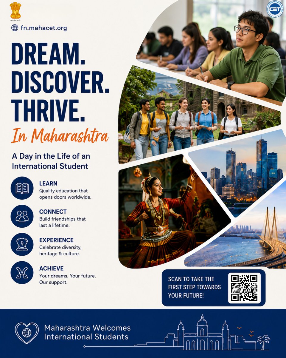 study_in_maha's tweet photo. 🌏 One Day. Endless Opportunities.
Study, connect, explore, and grow in Maharashtra. 
 🎓 Scan the QR or visit *https://t.co/0CbNL3N3rx* to start your journey!
#StudyInMaharashtra #InternationalStudents #StudyInIndia #FutureStartsHere #FNMahaCET https://t.co/8o2HZ4iYC3