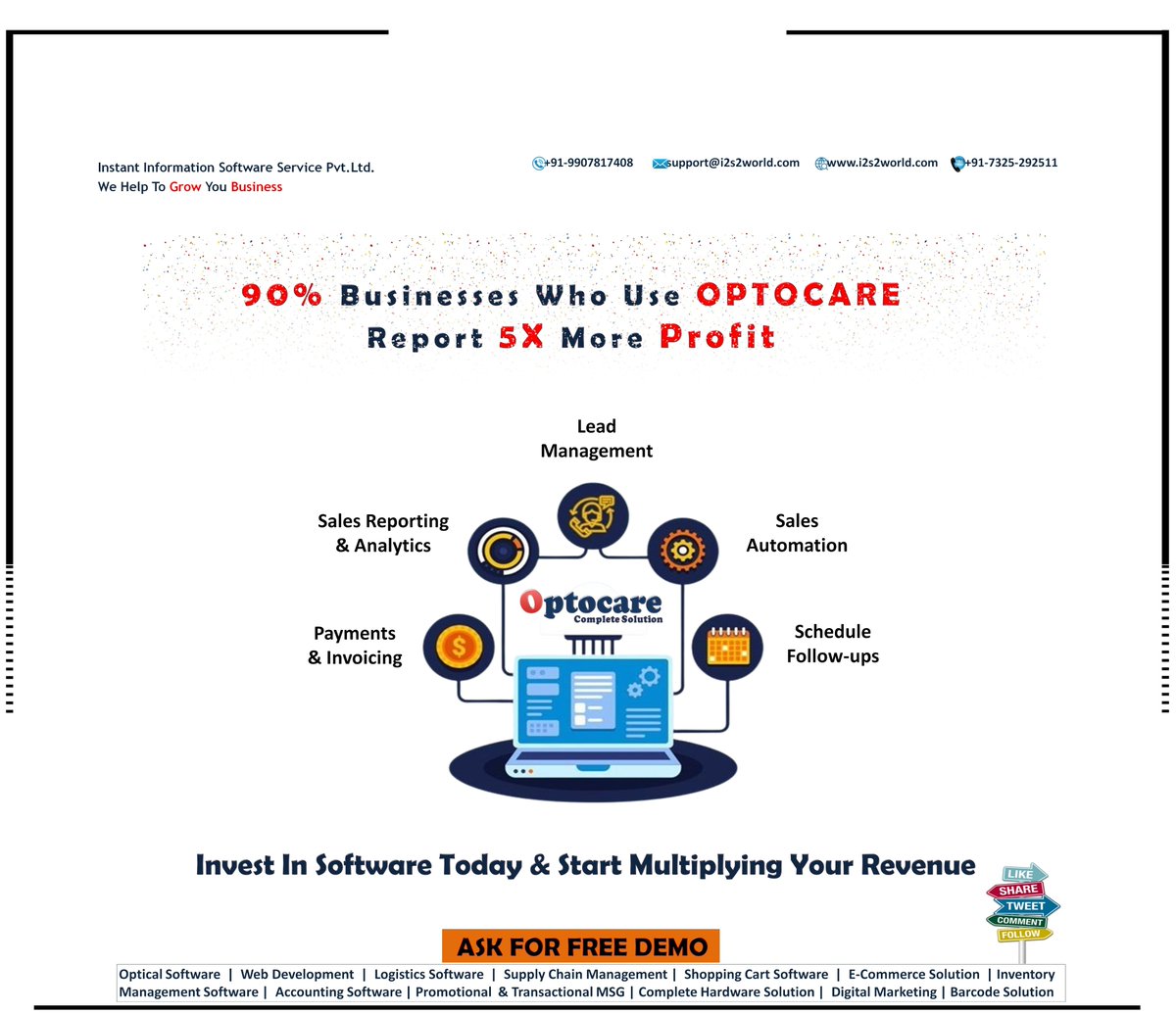 instant_pvt's tweet photo. 90% Businesses Who Use #OPTOCARE Report 5X More Profit
#Optical_software
#Opticalsoftware
#i2s2
#AaharStore
#Optical_retail_software
#Optical_store_software
#Easy_optical_software
#low_Cost_Optical_Software
#Best_optical_software
#Optical_billing_software
https://t.co/3jKYRs2wWK https://t.co/R264nDx1rk