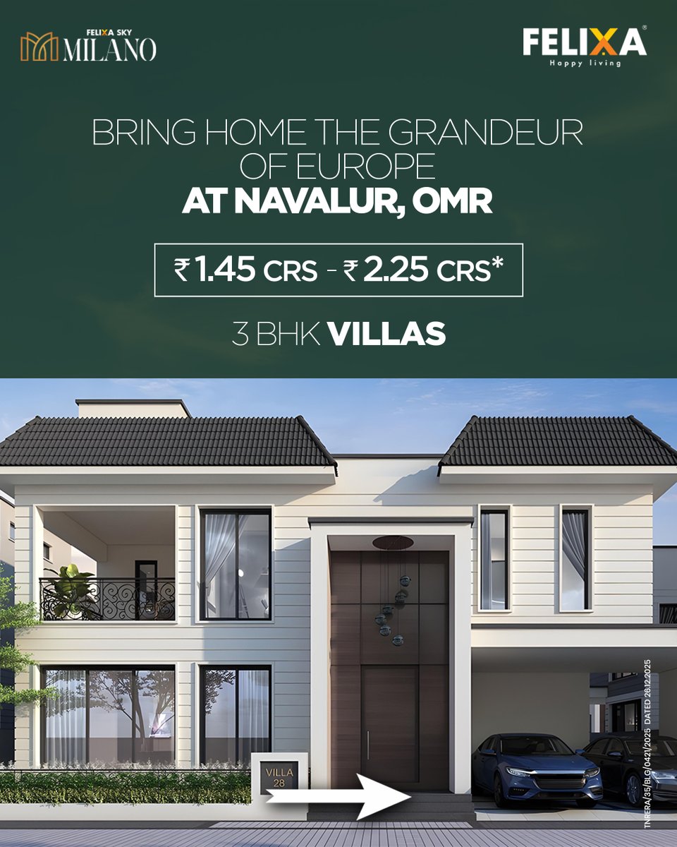 FelixaBuilder's tweet photo. Bring home the grandeur of Europe at Navalur, OMR. 

🏡✨Experience premium living at Felixa Sky Milano with elegantly crafted 3 BHK villas inspired by European architecture. https://t.co/yt8ilN2oYD