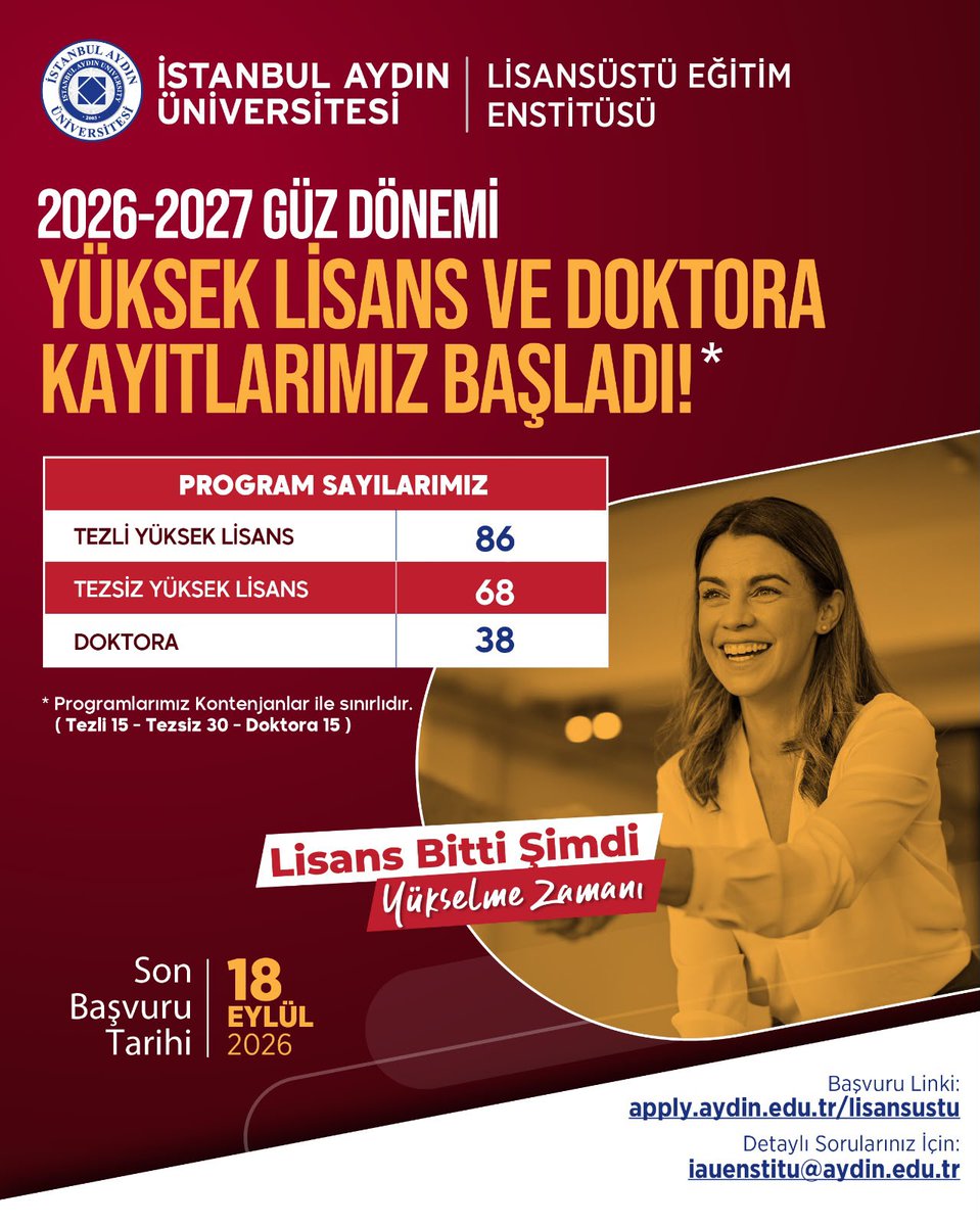 Lisansustuiau1's tweet photo. 🎓 Bir diploma yetmez diyorsan…
Şimdi kendine yeni bir unvan, yeni bir vizyon ve yeni bir gelecek ekleme zamanı! 🚀

İstanbul Aydın Üniversitesi Lisansüstü Eğitim Enstitüsü’nde
2026-2027 Güz Dönemi kayıtları başladı! 📚✨ https://t.co/e60dLGm91Z