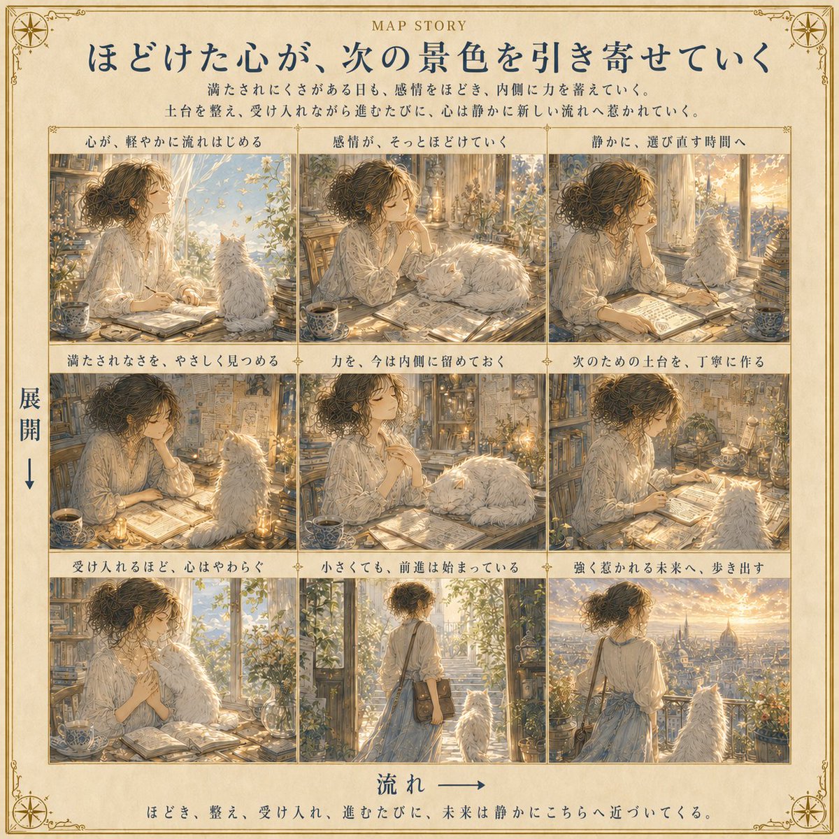 mindlog_mapai's tweet photo. MAP STORY
「ほどけた心が、次の景色を引き寄せていく」
満たされにくさがある日も、
感情をほどき、
内側に力を蓄えていく。
受け入れながら進むたびに、
未来は静かにこちらへ近づいてくる。
9枚のMAPから生まれた物語です。
#MAPSTORY #MindLog https://t.co/0bmt01rCsF