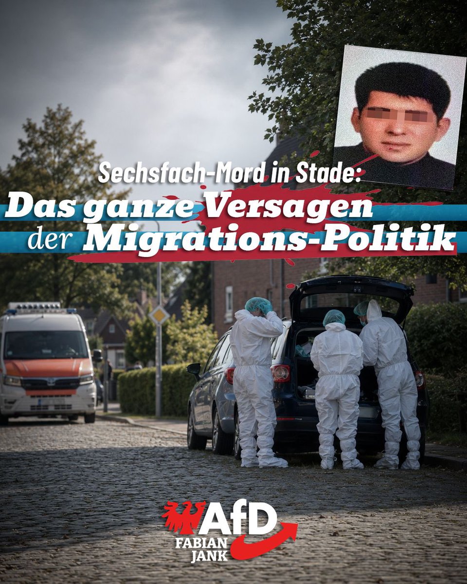 fabian_jank_afd's tweet photo. Stade: Dieser Mordfall zeigt das ganze Migrationsversagen.

Vergangene Woche wurden in Stade sechs Menschen getötet.
Die Opfer – vier Frauen und zwei Männer – waren Sozialarbeiter in jener Jugendhilfeeinrichtung, in der die Tat geschah.

Der Mörder: Fatih Khan G., ein Deutsch-Türke (Doppelpass).

Er ist Vater einer dreimonatigen Tochter, deren Mutter in der Jugendhilfeeinrichtung untergebracht war. Der Tat war ein Sorgerechtsstreit vorausgegangen, nachdem das Kind mit einem Schütteltrauma im Krankenhaus behandelt werden musste.

Schon dort soll Fatih Khan G. Ärzte bedroht haben.

Weil er als aggressiv galt, kamen sechs Sozialarbeiter zu dem Termin in der Jugendhilfeeinrichtung: vier Frauen und zwei Männer.

Sie alle wurden kaltblütig mit Schüssen aus einer illegal beschafften Pistole hingerichtet.

Später kam heraus: In der Türkei soll Fatih Khan G. per Haftbefehl gesucht worden sein. Er steht im Verdacht, seine eigene Tochter vergewaltigt zu haben. Auch zuvor soll er bereits im Gefängnis gesessen haben und ausgebrochen sein.

In Deutschland wussten die Behörden davon angeblich nichts.

Doch damit nicht genug.
Am Steuer des Fluchtwagens saß die 65-jährige Sylvia S. Sie arbeitet in Bremen beim „Verband binationaler Familien und Partnerschaften, iaf e. V.“ – einer Migrations-NGO, die über das Bundesprogramm „Demokratie leben“ mit Steuergeldern gefördert wird.

Zudem ist Sylvia S. die Schwiegermutter von Deniz Kurku, SPD-Landtagsabgeordneter und niedersächsischer Landesbeauftragter für Migration und Teilhabe.

Dieser Fall zeigt das ganze Versagen der deutschen Migrationspolitik.

Wir wissen nicht, wer in unser Land kommt. Wir importieren fremde Lebensweisen, Kriminelle und Vergewaltiger. Wir schützen ausländische Täter – mit unseren Steuergeldern –, statt die Opfer zu schützen: Kinder, Ärzte, Sozialarbeiter. 

Deutsche.

Und die Politik macht sich zum Komplizen.
Genug ist genug!
