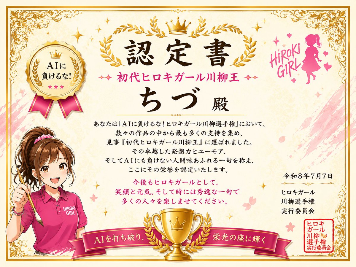 hiroki_higashi2's tweet photo. 🏆 結果発表 🏆

「AIに負けるな！ヒロキガール川柳選手権」へ、たくさんの応援ありがとうございました✨

🥇優勝
ちづさん

🎖️店長賞
ももさん

全作品は画像に掲載しています📖
お気に入りの一句があれば、ぜひコメントで教えてください😊

#ヒロキガール #川柳 #パチンコ #スロット https://t.co/gr9FYGPFQ0