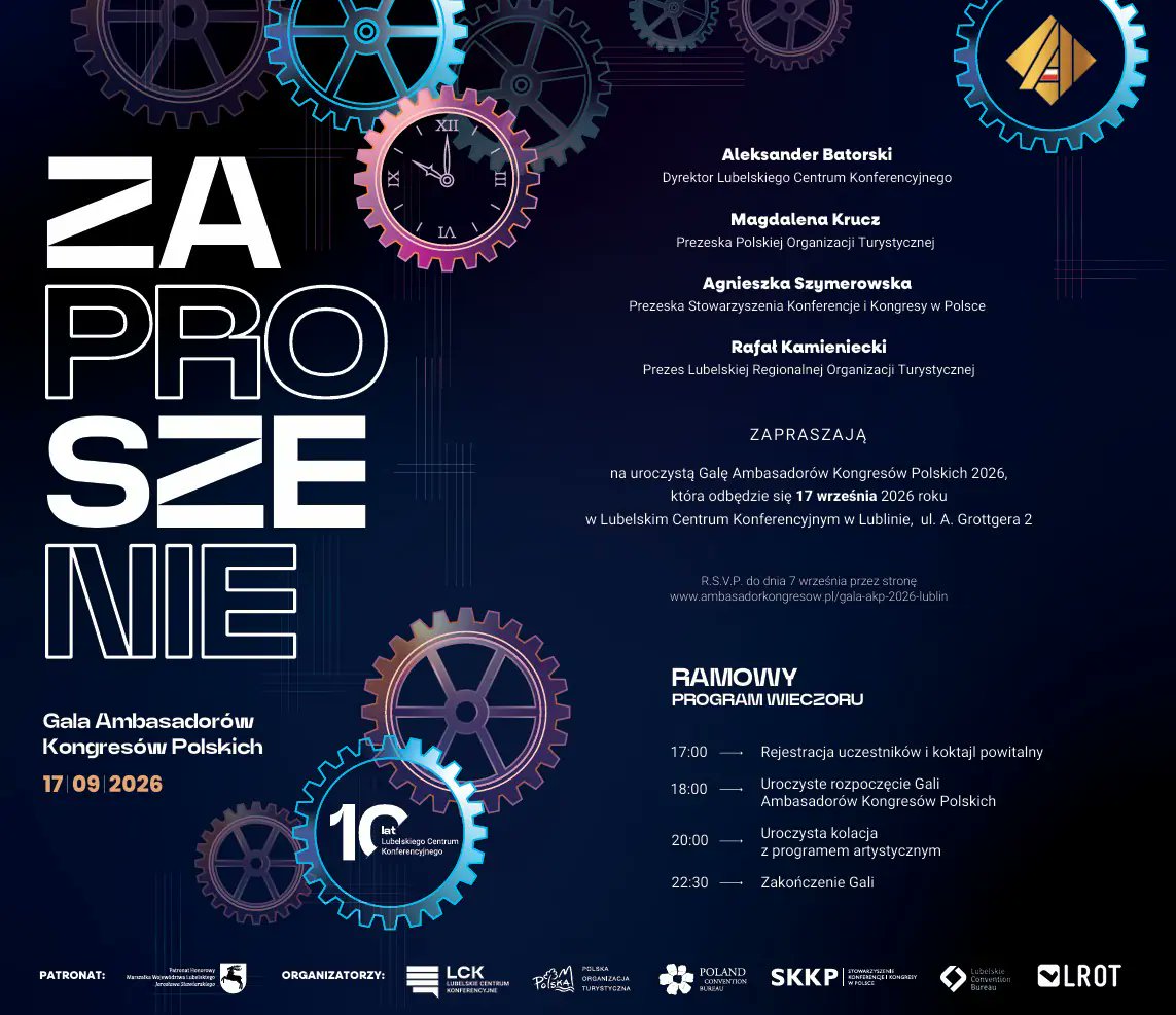 PolandCvB's tweet photo. Gala Ambasadorów Kongresów Polskich 2026 w Lublinie – zapraszamy do rejestracji udziału https://t.co/bhBFYzlExs @lcklubelskie @lubelskietravel https://t.co/oHGWftyUwx