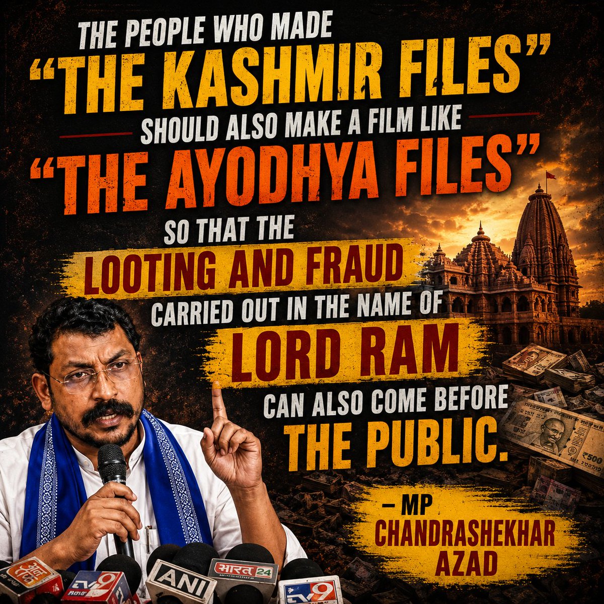 FocusNewsIND's tweet photo. MP Chandrashekhar Azad said, “A film like The Ayodhya Files should also be made to bring the truth about alleged fraud in the name of Lord Ram before the public.”
@BhimArmyChief #ayodhyafile #lordram #kashmirfiles https://t.co/oWFRKu9hjp