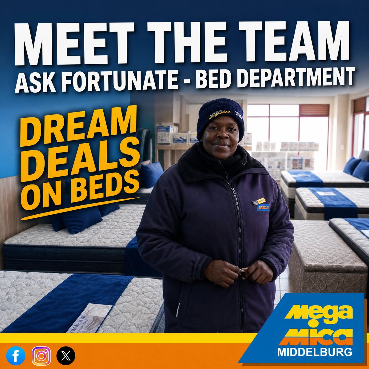 MIDMiCA's tweet photo. 👋 MEET FORTUNATE! 👋
Looking for your perfect bed? 🛏️Fortunate is our bedding expert at Middelburg Mega Mica, ready to help you find the right bed or mattress for your comfort and budget.
📍 Visit us in-store or call 013 590 067.
#MiddelburgMegaMica #DreamDeals #SupportLocal https://t.co/qt5BMvA8RK