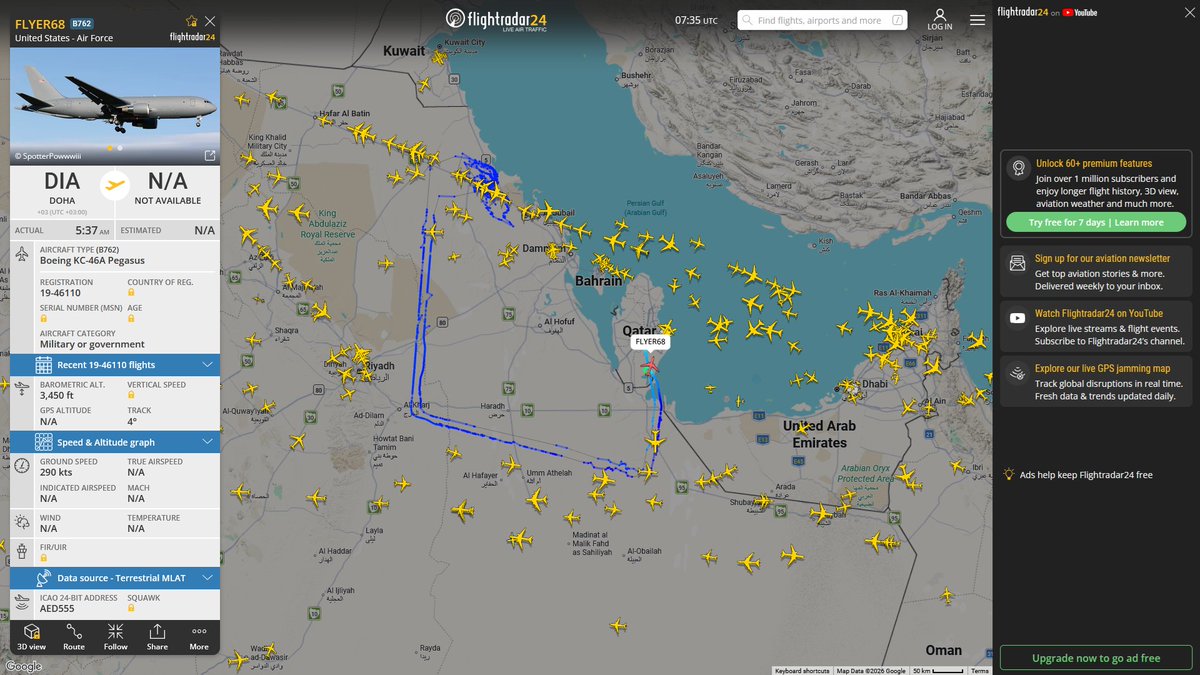 AIYeyENGDdJkjTr's tweet photo. July 8, 2026
#Al-Udeid Air Base ==> #Persian Gulf Coast
#FLYER68 #AED555 USAF KC-46A Pegasus
#Al-Udeid Air Base ==> #Persian Gulf
#FLYER37 #AE63BC USAF KC-46A Pegasus
#Al-Udeid Air Base ==> #Musandam Peninsula #Gulf of Oman
#NoCALLSIGN #AE63B5 USAF KC-46A Pegasus
#Prince Sultan Air Base ==> #Persian Gulf
#NoCALLSIGN #AE062C USAF KC-135R Stratotanker