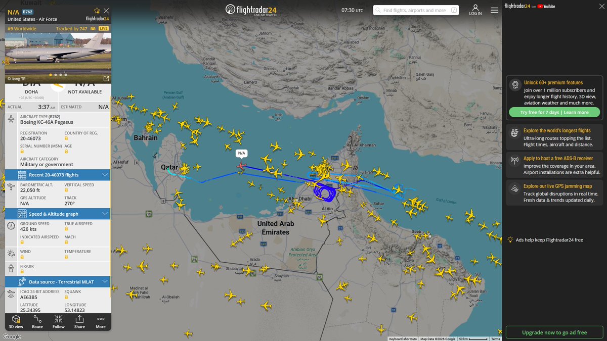 AIYeyENGDdJkjTr's tweet photo. July 8, 2026
#Al-Udeid Air Base ==> #Persian Gulf Coast
#FLYER68 #AED555 USAF KC-46A Pegasus
#Al-Udeid Air Base ==> #Persian Gulf
#FLYER37 #AE63BC USAF KC-46A Pegasus
#Al-Udeid Air Base ==> #Musandam Peninsula #Gulf of Oman
#NoCALLSIGN #AE63B5 USAF KC-46A Pegasus
#Prince Sultan Air Base ==> #Persian Gulf
#NoCALLSIGN #AE062C USAF KC-135R Stratotanker