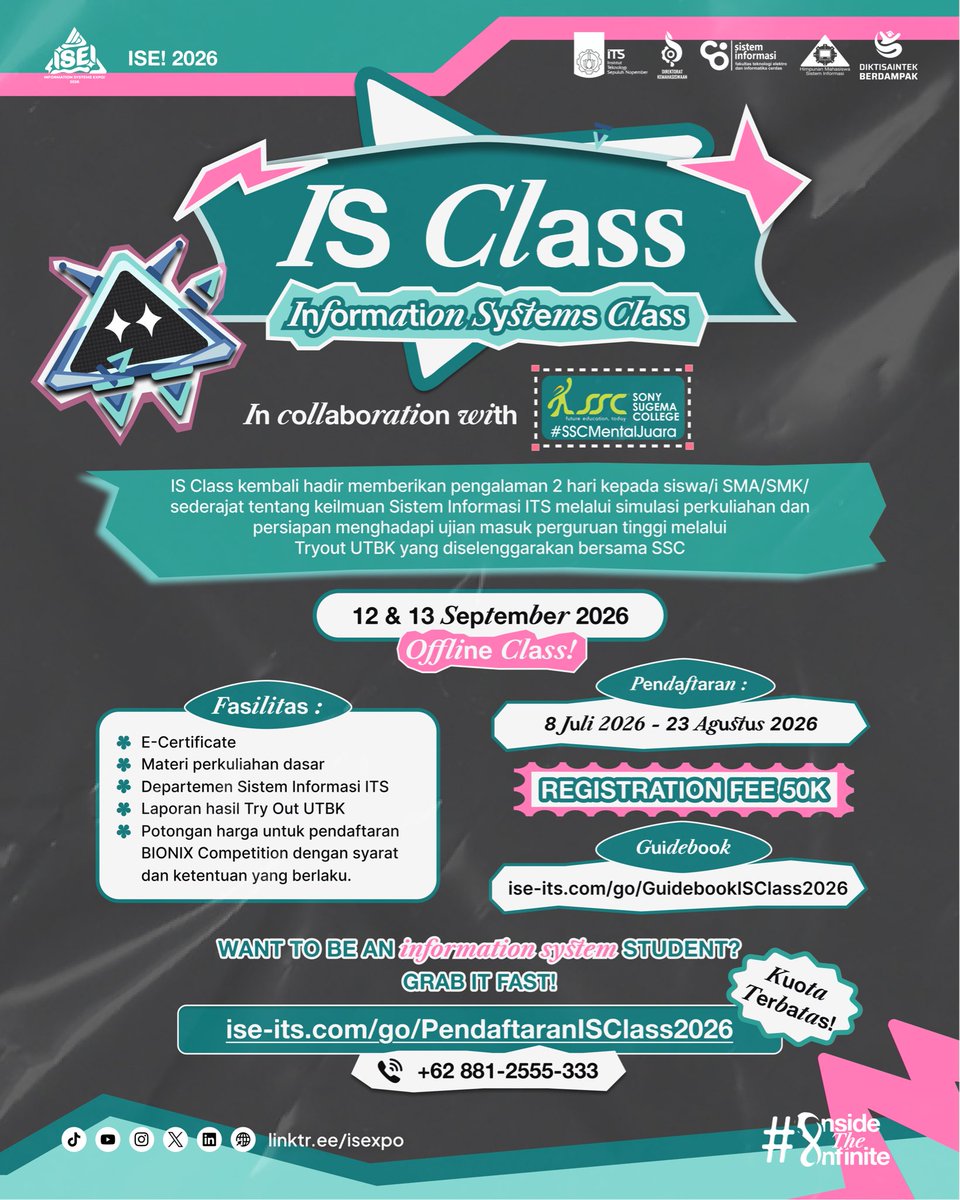 is_expo's tweet photo. Mau latihan soal UTBK dan simulasi belajar langsung di jurusan favorit ITS?

IS Class 2026 is here to give you the experience.

🗓️ Registration Period:
July 8 – August 23, 2026

Pendaftaran: https://t.co/FgGDLMPr7l
Guidebook: https://t.co/AywTWAEzJT https://t.co/M5KcBpA1QU