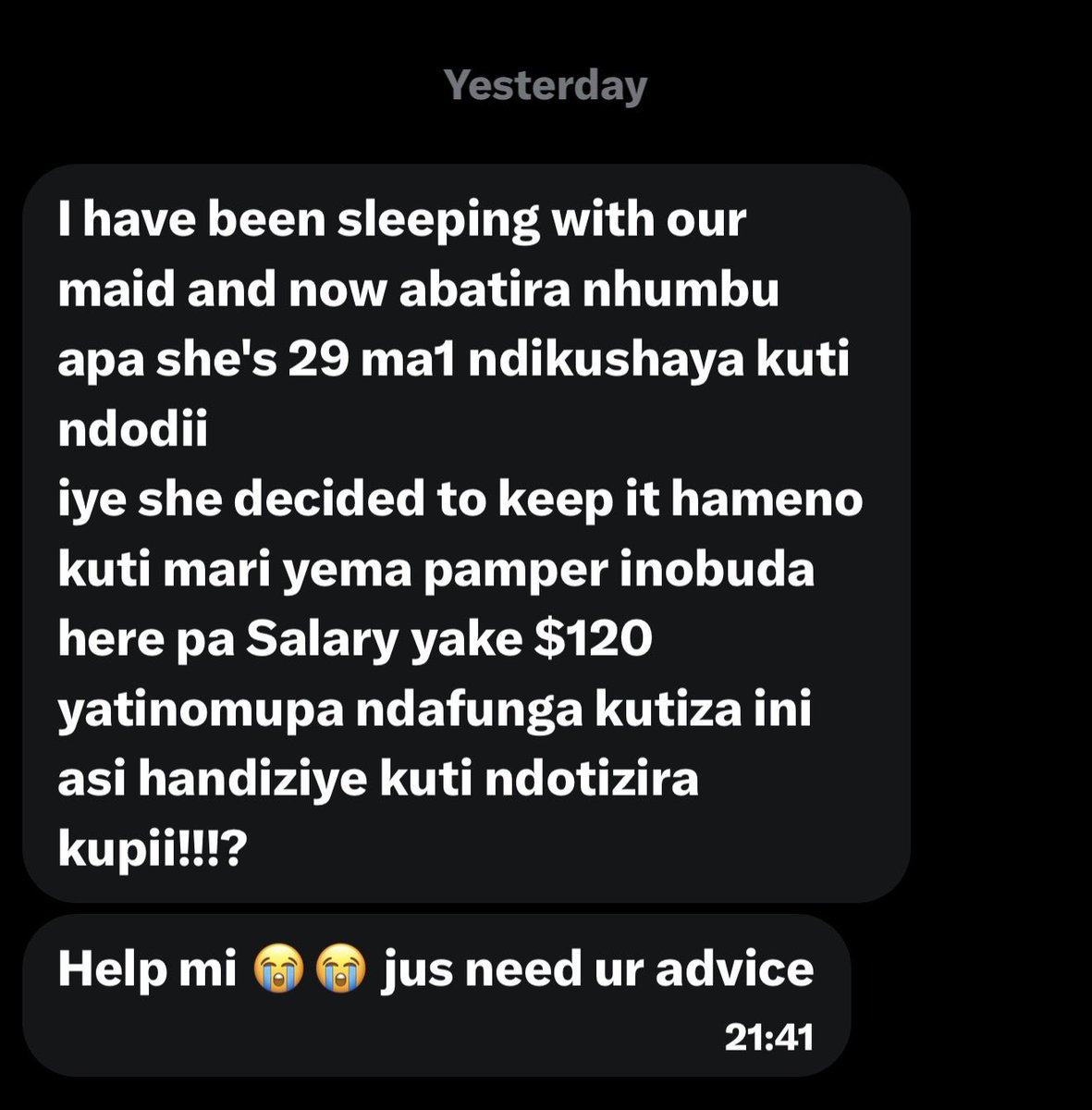 todo_simms's tweet photo. He says he’s been sleeping with the maid and needs advice.. https://t.co/uugxBYBNML