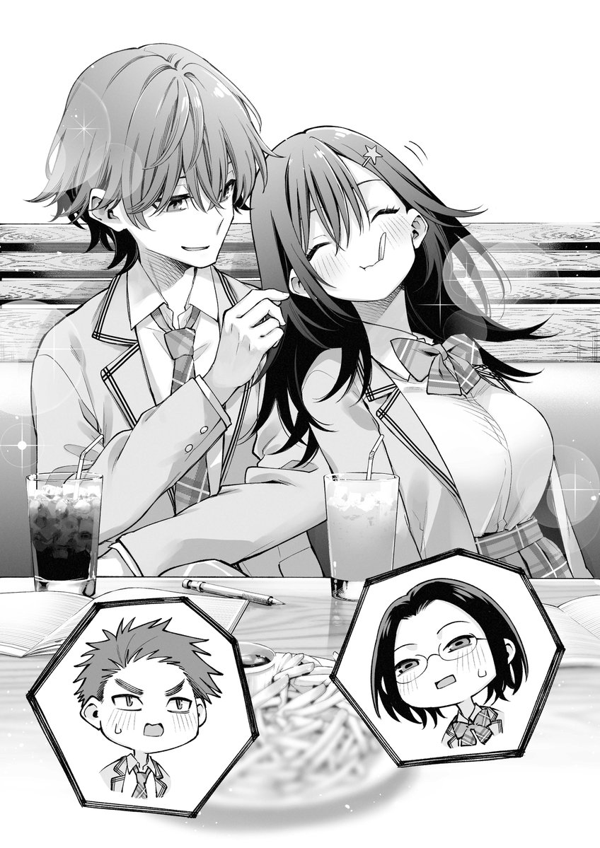 bunko_dengeki's tweet photo. 「もう一本食べたいな。食べさせて。あ〜ん」

これで付き合ってないは無理がある！？
いやいや、……これも全部、じれったすぎる友人カップルの恋を後押しするための演技です！

＃ラブコメ好きとこっそり繋がりたい　挿絵イラスト紹介✨

「自分の恋には興味なし。他人の恋を見守っていたい！」そんな気持ちで意気投合して、
ひそかに周囲のラブコメイベントを見ては盛り上がり、時に奥手な友人たちの恋を後押ししていく俺たちの気楽な友情のゆくえは――！？
