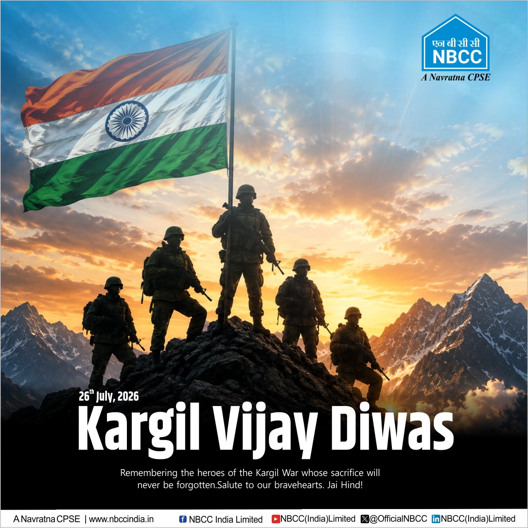 OfficialNBCC's tweet photo. On #KargilVijayDiwas, #NBCC pays heartfelt tribute to the brave soldiers whose courage, sacrifice and unwavering spirit safeguard our nation's pride.
Jai Hind! 🇮🇳
#KargilVijayDiwas2026 #SaluteToOurHeroes https://t.co/J1SbWjeF73