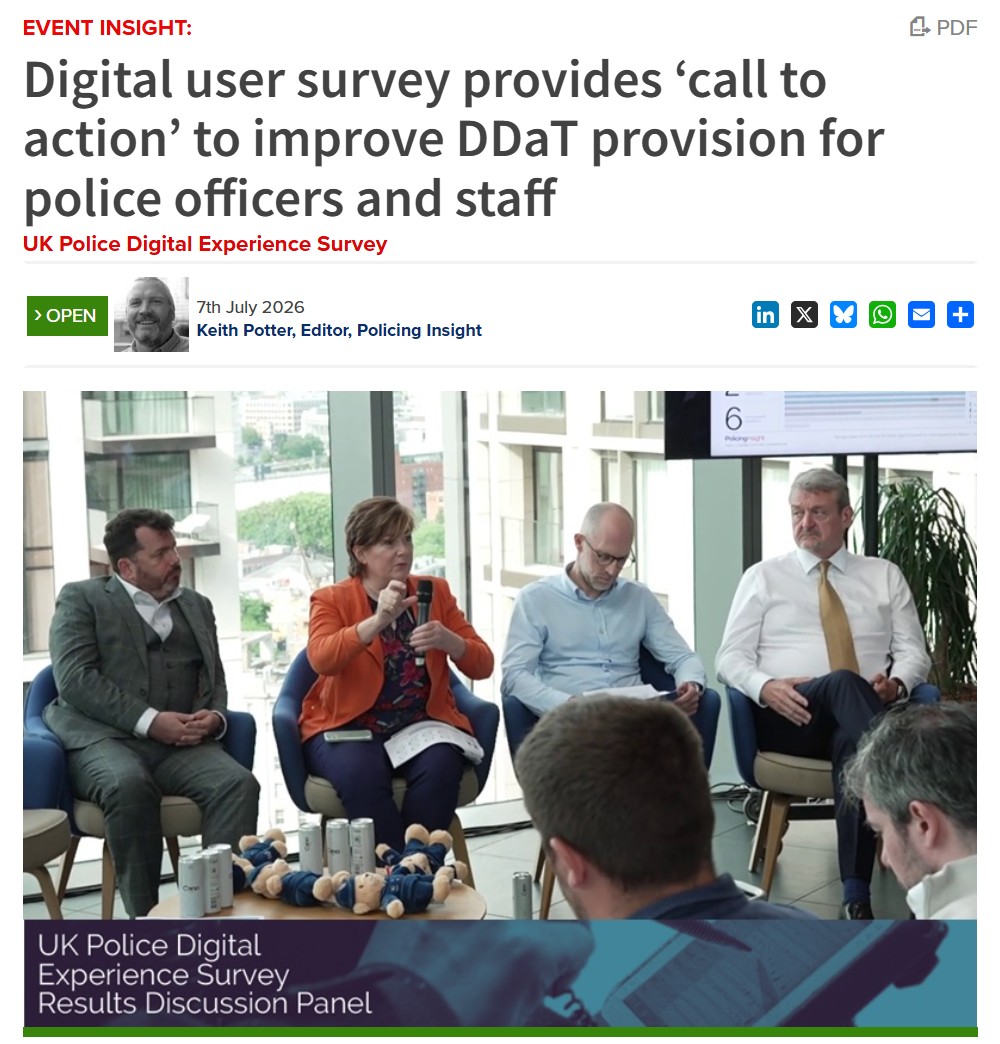 PolicingInsight's tweet photo. Policing Insight’s Police Digital Experience Survey offers “qualitative, independent data and evidence” that poor digital, data and technology (DDaT) provision are driving officers and staff out of policing, according to one stakeholder at last month’s panel discussion event, while another confirmed senior officers will view the survey findings as a “call to action” to ensure improvements are made to DDaT that will enable officers and staff to better protect the public, as Policing Insight’s Keith Potter reports.

https://t.co/9nLtbYTs8A

💡 Watch the full video of the Survey results panel discussion, held on 18th June, organised by the Police Digital Service and hosted by survey partners Qualtrics.

Hear about the background to the survey, get deeper insights into what the findings tell us and learn about the plans for what comes next.

The panel, moderated by industry consultant and former chief constable Nick Gargan, consisted of key survey and policing stakeholders:

- Simon Kempton, National Board member, Police Federation of England & Wales

- Dr Sydney Heimbrock, Chief Advisor for Public Sector, Qualtrics

- Stephen Russell, Director of Data, Strategy & Technology, Warwickshire Police

- Tony Blaker, Chief of Staff at the NPCC DDaT Co-ordination Committee

- Ian Barrett, Director, Policing Insight

📺 Watch on PolicingTV: https://t.co/XveBLAIOc7