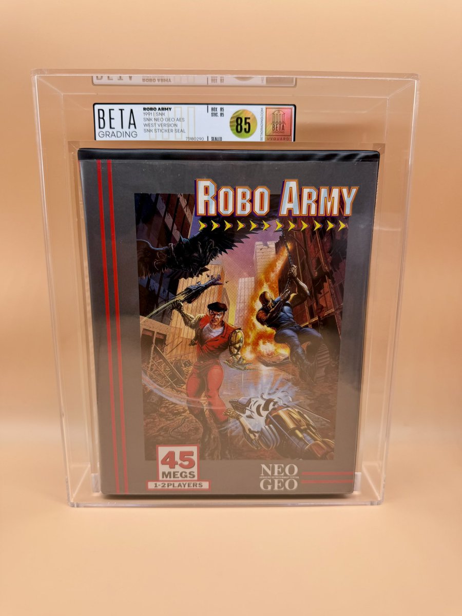 BETAGrading's tweet photo. ROBO ARMY
1991 | SNK
SNK NEO GEO AES
WEST VERSION 
SNK STICKER SEAL
Sealed BG85
Owner: unknown on IG
#betagrading #neogeo #neogeoaes #snk #roboarmy https://t.co/aqQTaqVzel