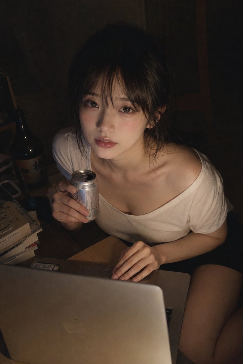iamaiistudio's tweet photo. yooo GPT Image 2 on ChatGPT just cooked, this late-night laptop snapshot looks way too real 🔥full prompt: https://t.co/9vKX5EXCo2:{  "subject": {    "description": "A woman in her 20s seated next to a low table inside a dark private room, leaning in toward a laptop and glancing up at the camera like an unplanned late-night phone photo",    "mirror_rules": "This is not a mirror selfie; keep the overhead camera relationship with the subject looking upward, and do not flip the scene incorrectly",    "age": "young adult in her 20s",    "expression": {      "eyes": {        "look": "Dewy, lightly tired eye contact, calm yet emotionally present",        "energy": "Relaxed and low-energy, slightly tipsy, with the sense that a thought was left unfinished",        "direction": "Looking up from below into the camera"      },      "mouth": {        "position": "Naturally full lips, closed and softly relaxed",        "energy": "Muted, languid, a little absent-minded"      },      "overall": "Her face should feel casually captured by someone close by late at night: quiet, intimate, tired, and never overacted"    },    "face": {      "preserve_original": "Keep the softly rounded petite face, gentle jaw, large eyes, narrow nose bridge, soft lips, and subtly innocent proportions",      "makeup": "Soft matte sweet-cool East Asian fashion-beauty makeup: fine black eyeliner, subtle under-eye fullness, pale rose-pink blush, a gentle glowing base, glossy pink-nude lips; no heavy Western glam"    }  },  "hair": {    "color": "Very dark brown, nearly black",    "style": "Light straight bangs, hair loosely tied back, with stray strands around the ears and cheeks",    "effect": "Soft, slightly messy, naturally full hair, darker on top with faint warm edge highlights"  },  "body": {    "frame": "Slim, lightly built frame with a compact seated posture and soft neck and shoulder lines",    "waist": "Mostly concealed by the loose shirt and overhead angle, with only a faint slim side contour visible",    "chest": "Collarbones, upper chest, and the top edge of the chest show through the wide white neckline, natural and not exaggerated",    "legs": "Sitting or kneeling near the floor; some thigh and knee-area skin appears below the dark bottoms, partly hidden by the table and low light",    "skin": {      "visible_areas": "Visible skin includes the face, neck, collarbones, shoulders, upper chest edge, arms, hands, fingers, and parts of the thighs",      "tone": "Light fair skin with warm undertones and a soft pink cheek flush",      "texture": "Skin should look fine and soft like real warm skin, not plastic-smooth, keeping slight pores, grain, and natural tonal shifts",      "lighting_effect": "Warm laptop and tabletop bounce light rises onto the hands, chin, upper chest, and cheeks, while the top of the head and right side drop into shadow for uneven but believable skin lighting"    }  },  "pose": {    "position": "Seated or kneeling beside a low table, leaning forward near the laptop",    "base": "One hand grips a silver drink can while the other touches the laptop or table edge",    "overall": "Shoulders slightly tucked inward, head lifted to the camera, frozen in the instant after she looks up from the screen"  },  "clothing": {    "top": {      "type": "Loose white short-sleeve shirt with a low round or wide neckline",      "color": "Soft milk-white",      "details": "The neckline falls open naturally, showing one shoulder line and the collarbones; fabric is thin, soft, and lightly wrinkled",      "effect": "Casual indoor feel, near the body without being tight, picking up faint yellow highlights from the warm light"    },    "bottom": {      "type": "Black mini skirt or short shorts",      "color": "Deep black",      "details": "Mostly blocked by the body and table, with only dark outlines near the waist, hips, and legs visible"    }  },  "accessories": {    "device": "Silver laptop in the foreground, its body or screen obstructing the lower frame",    "prop": "A silver drink can in her hand; a dark bottle, books, papers, and table clutter nearby"  },  "photography": {    "camera_style": "Casual low-light phone snapshot with high-ISO grain, mild compression noise, and a personal-photo feel instead of studio polish",    "angle": "Strong overhead angle from about 45 to 60 degrees above the subject as she looks up",    "shot_type": "Close environmental portrait from upper body to partial thighs, with the laptop blocking the foreground",    "aspect_ratio": "Vertical frame, approximately 3:4",    "texture": "Dark, slightly soft, mildly unfocused and grainy, keeping the flaws of a nighttime phone shot",    "lighting": "Primary light comes from the laptop screen plus warm tabletop reflection from the lower front; the background receives almost no fill, leaving broad dark shadows to the right and rear",    "depth_of_field": "Shallow-to-medium depth of field; keep the face comparatively clear while books and dark room details blur softly"  },  "background": {    "setting": "Dark private room or compact work-rest space",    "wall_color": "Dark brown-black background, walls and furniture mostly absorbed by shadow",    "elements": [      "Low table",      "Books and papers",      "Laptop",      "Drink can",      "Dark bottle",      "Floor shadows",      "Dark furniture or corner on the right"    ],    "atmosphere": "Quiet, late-night, slightly messy, like a room after working late, drinking, or talking",    "lighting": "Extremely weak ambient light, with warm local illumination focused on the face, hands, and white top"  },  "the_vibe": {    "energy": "Quiet and intimate, faintly tipsy, tired but still magnetic",    "mood": "The lingering warmth of late night, like someone just stopped speaking and she paused for a second to look up",    "aesthetic": "Casual intimate portrait, lo-fi phone photo, late-night bedroom/workspace atmosphere",    "authenticity": "Preserve the messy table, dark image noise, off-center composition, foreground obstruction, and imperfect posture",    "intimacy": "Very close distance, as though a friend or familiar person shot her from above",    "story": "She was looking at the laptop while holding a drink can, and the recent conversation and fatigue still sit on her face",    "caption_energy": "late night, still here."  },  "constraints": {    "must_keep": [      "Top-down angle",      "Subject looking directly up at the camera",      "Dim indoor room",      "White wide-neck short-sleeve top",      "Silver laptop blocking the foreground",      "Drink can in hand",      "Warm light on face and hands",      "Dark messy background",      "Low-light phone grain"    ],    "avoid": [      "Overly commercial studio portrait",      "Perfect skin smoothing",      "Overly bright background",      "Exaggerated sexy posing",      "Strong rim light",      "AI plastic skin",      "Perfectly symmetrical composition",      "Clean clutter-free room"    ]  },  "negative_prompt": [    "overly polished",    "studio lighting",    "plastic skin",    "heavy glam makeup",    "perfect symmetry",    "overexposed",    "clean luxury room",    "sharp commercial photo",    "distorted hands",    "extra fingers",    "deformed face",    "wrong eye direction",    "cartoon style"  ]}#AIart #GPTImage2
