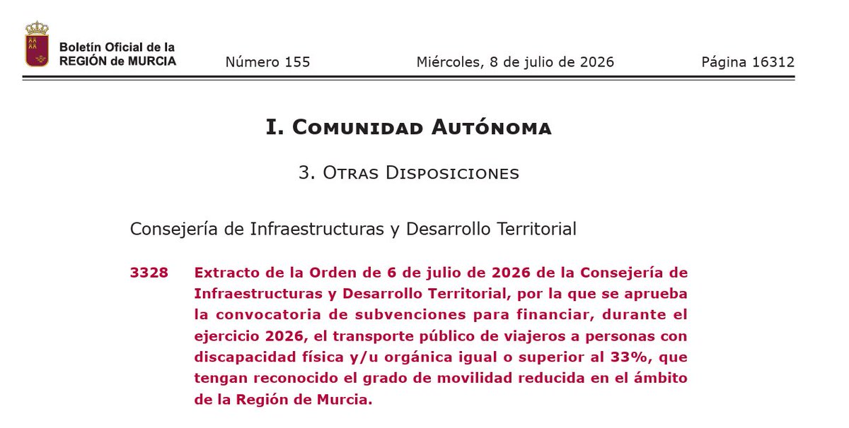Fomento_RM's tweet photo. 📜Publicadas las nuevas #ayudas para la #movilidad de #personas con #discapacidad

El BORM publica hoy la convocatoria de #ayudas destinadas a mejorar la #movilidad y favorecer el acceso a la #formación, la inserción laboral y el desarrollo de la autonomía personal.

👉 Estas ayudas incluyen:

✅ Financiación del transporte público para personas con discapacidad física y movilidad reducida.
✅ Ayudas para la adquisición, arrendamiento o adaptación de vehículos.
✅ Una línea específica para personas con discapacidad intelectual y profesionales de apoyo.

📅 Plazo de solicitud: 15 días hábiles a partir de mañana, 9 de julio.