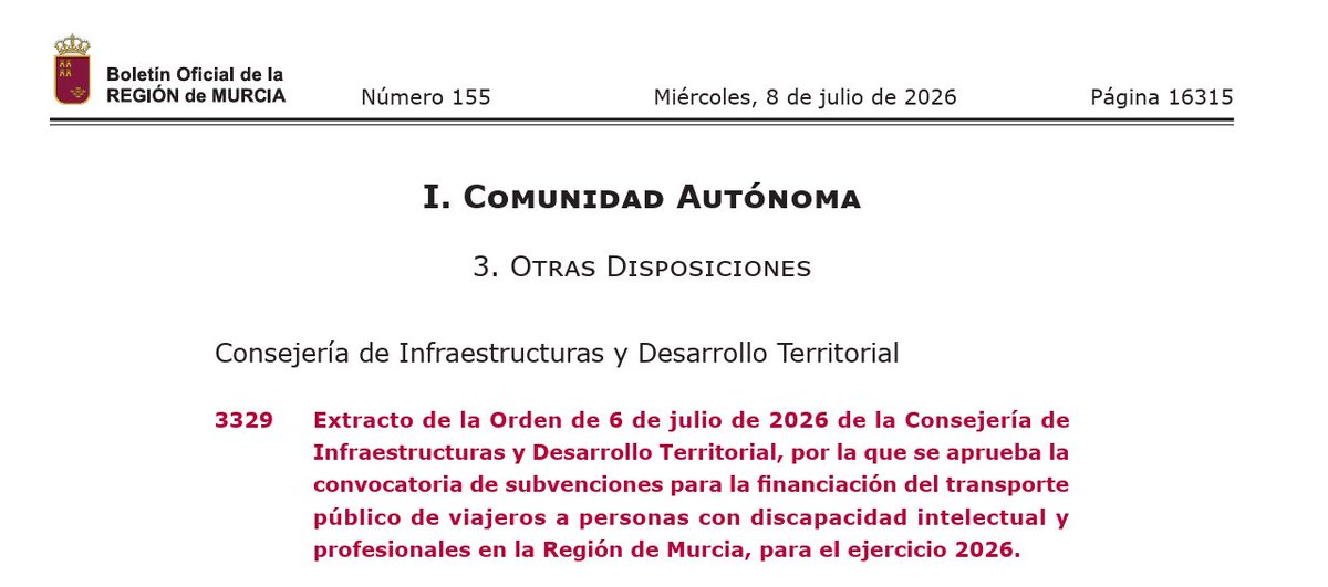 Fomento_RM's tweet photo. 📜Publicadas las nuevas #ayudas para la #movilidad de #personas con #discapacidad

El BORM publica hoy la convocatoria de #ayudas destinadas a mejorar la #movilidad y favorecer el acceso a la #formación, la inserción laboral y el desarrollo de la autonomía personal.

👉 Estas ayudas incluyen:

✅ Financiación del transporte público para personas con discapacidad física y movilidad reducida.
✅ Ayudas para la adquisición, arrendamiento o adaptación de vehículos.
✅ Una línea específica para personas con discapacidad intelectual y profesionales de apoyo.

📅 Plazo de solicitud: 15 días hábiles a partir de mañana, 9 de julio.