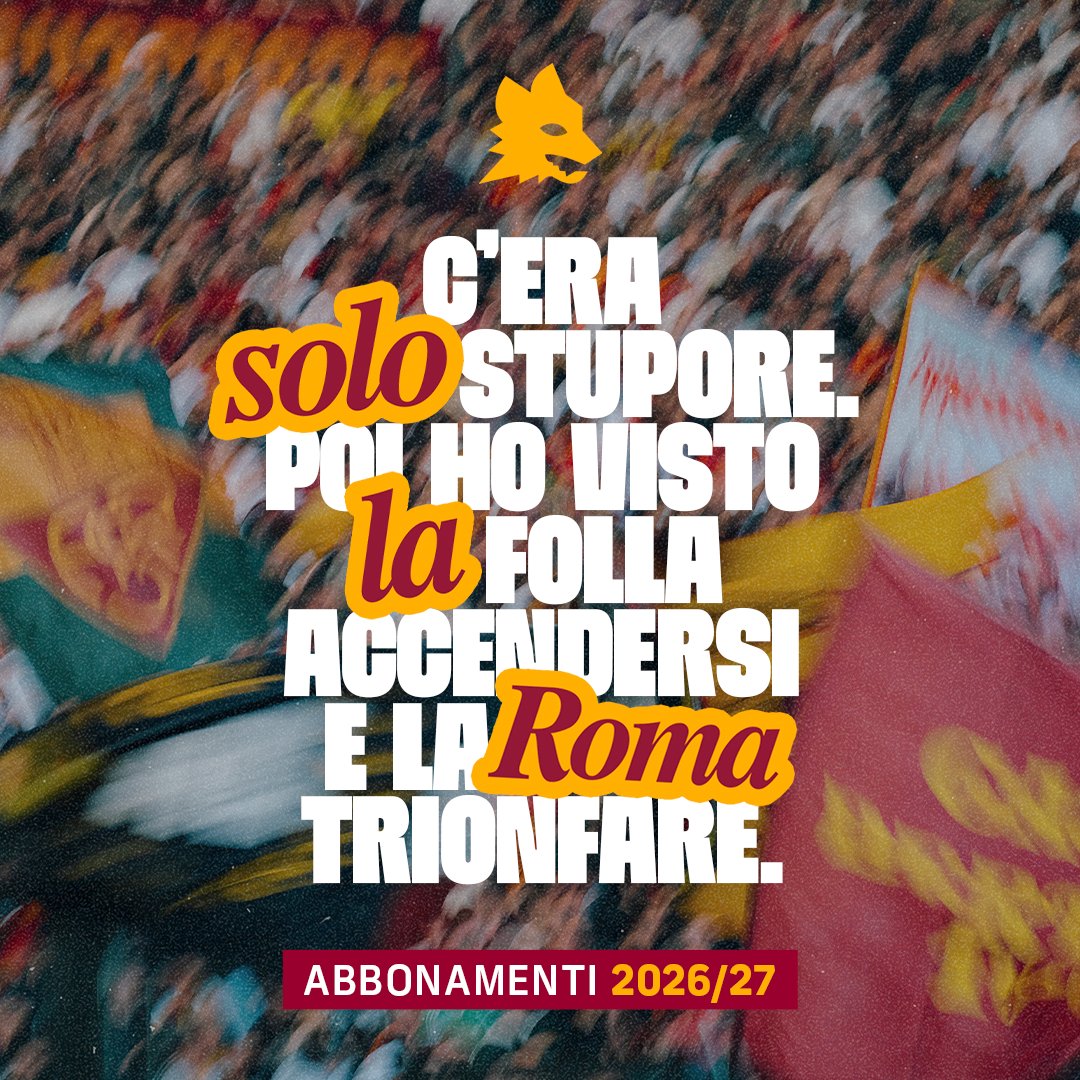 OfficialASRoma's tweet photo. Quando la squadra scende in campo, rimane ciò che conta davvero: 

🟨 "Solo la Roma" 🟥

È iniziata la prima fase di vendita degli abbonamenti 2026/27 🏟️

Rinnova ora!
🎟️ https://t.co/mOcS9uecnW

#ASRoma https://t.co/BuS25pXYOO