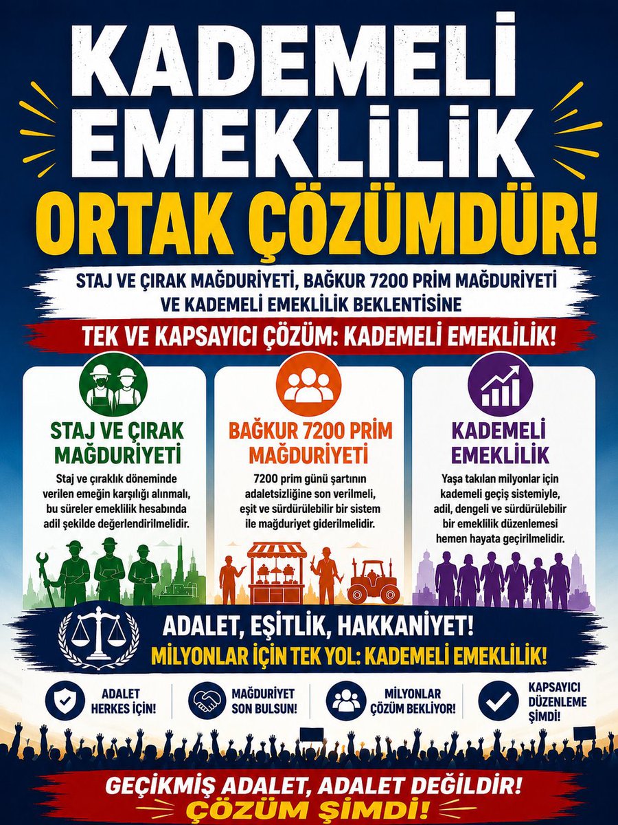 TubiEmad's tweet photo. Adil Kademeli Emeklilik Sistemi toplumun en büyük yarası haline gelmiştir.

Emeklilikte 1 güne 17-20 yıllık uçurum açıklanabilir, katlanılabilir, sindirilebilir bir mağduriyet değildir.

@EmadDernegi
#Kademeİstiyoruz https://t.co/w8eVEIuj33