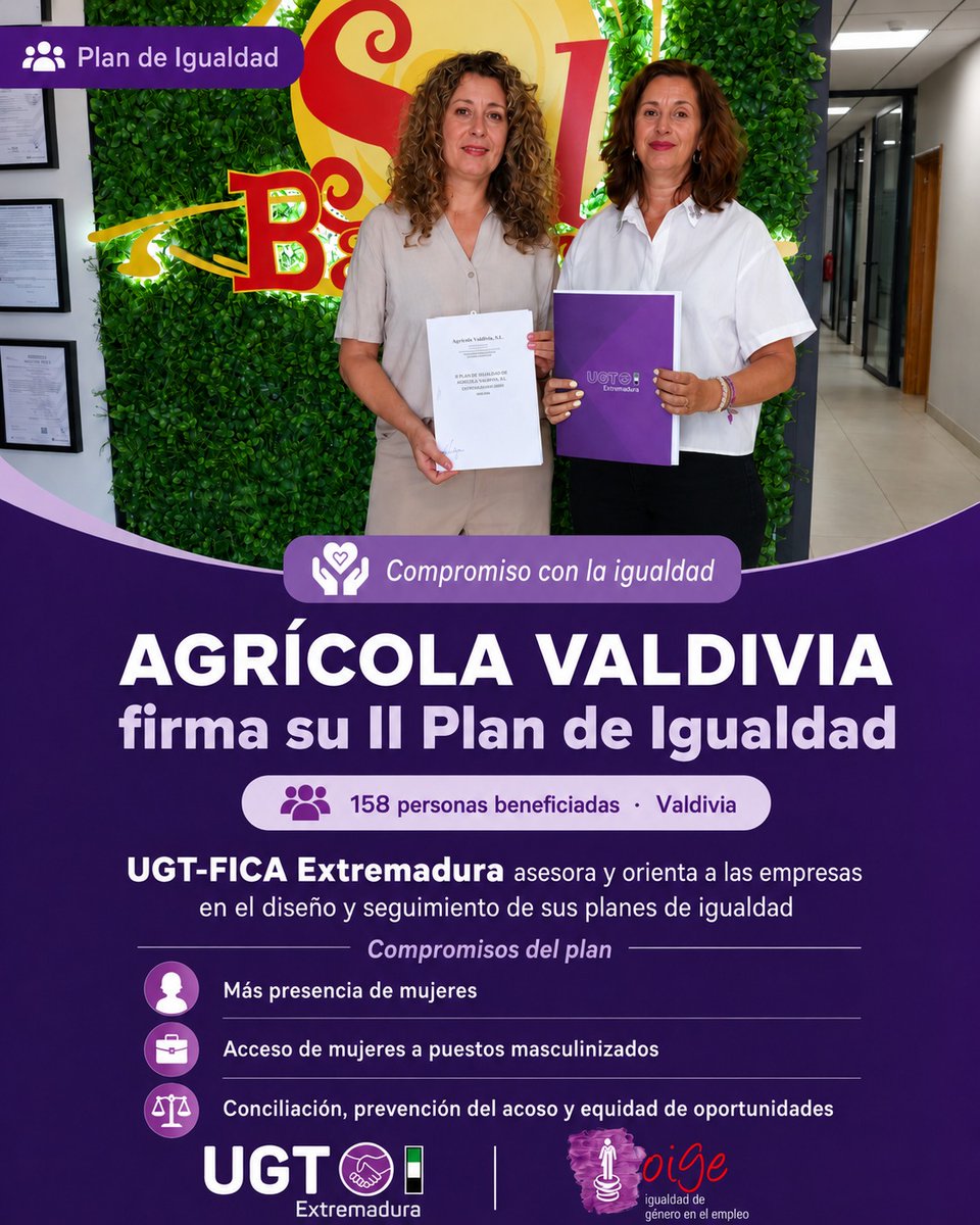 UGTExtremadura's tweet photo. 💜 La igualdad se construye con acuerdos.
Agrícola Valdivia firma su II Plan de Igualdad con UGT-FICA Extremadura. Beneficiará a 158 personas.
Asesoramos y orientamos a empresas para avanzar en igualdad real.
@ugtficaex #Igualdad #PlanesDeIgualdad
👉 Comparte este compromiso. https://t.co/Gq2Hw8fpRv