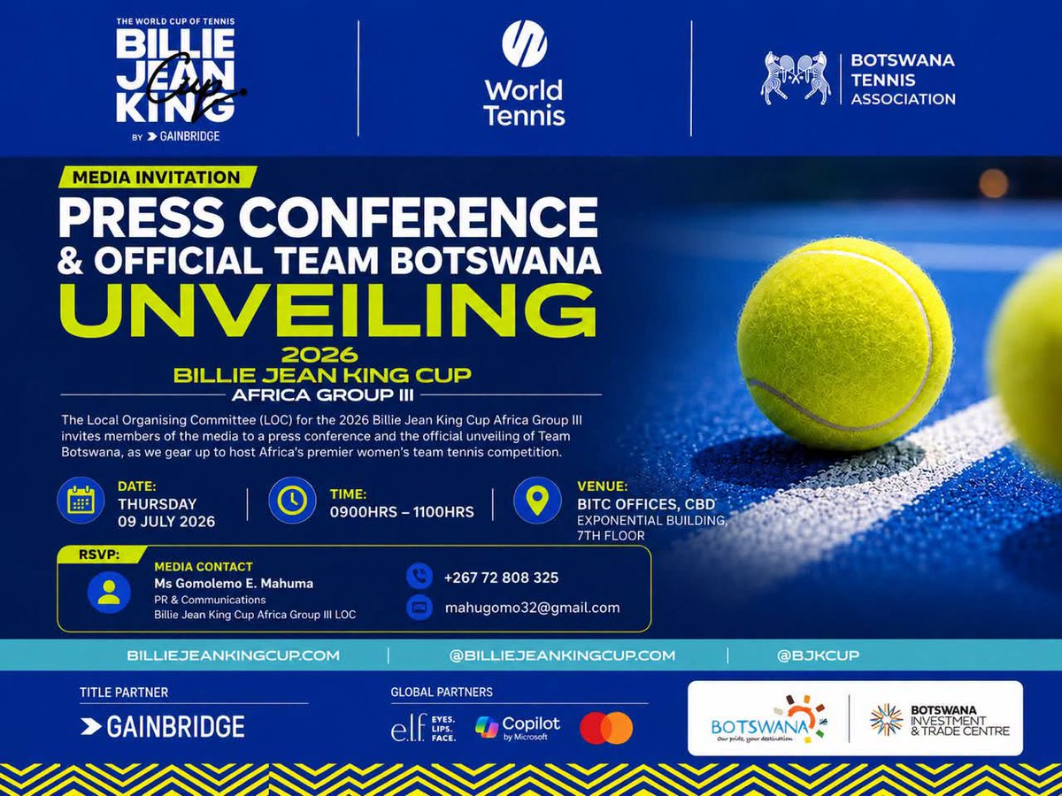OfficialBrandBW's tweet photo. š šššš šš”š©šš§šš§šš¢š”
Press Conference and Official Team Botswana Unveiling ā 2026 Billie Jean King Cup Africa Group III.
#PushaBW #supportlocal https://t.co/SkzdERa5Z7
