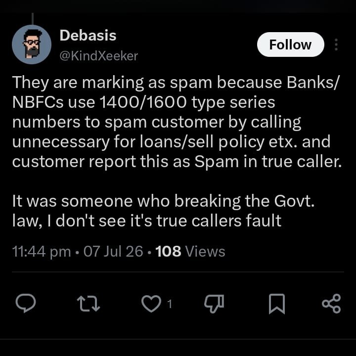 rishj's tweet photo. Wondering why spam calls have increased SIGNIFICANTLY in India recently? Well, it's actually going to get worse, here’s why: 

In late 2025, TRAI enforced businesses to call consumers using 140 (for telemarketing calls) and 1600 (for BFSI companies to make service/transaction related calls) number series with the intention to control the calls using these dedicated number series. This might sound good on paper but the problem started when TRAI also mandated @Truecaller to NOT show any community reported spam information, thereby restricting Truecaller to never show any 140 and 1600 numbers as spam. This seemed very strange from our point of view. Truecaller has actually helped hundreds of millions of Indians every single day for 17 years and now they want to censor/surpress trusted information from people? We described this to TRAI as well, because we knew exactly what would happen next…

What happened was that the amount of spam calls made through 140/1600 number series skyrocketed! Over 51 million calls from both series go unanswered every single day. Also, there is a massive increase in the amount of reported spam and scam calls by the Truecaller community, even though we aren’t allowed to show it. This happened in front of our eyes and we are mandated not to tell our users that those calls are spam.

Later, we saw more interesting trends: people stopped answering calls from 140/1600 numbers because of lack of trust. In the past 8 months, Truecaller users have ignored 81% of all 140-series calls and 79% of all 1600-series calls. Some of these calls are of course legit, which Truecaller would have displayed with its verified badge and consumers would have answered these calls. Instead, consumers and legit businesses both lost out. It's a lose-lose situation for everyone. Specifically with the 1600 series, reserved for service/transaction related calls, we have seen daily blocking actions triple (+208%) since October 2025. A total of 7.4 crore (74 million) manual blocking actions have been taken against these series in the past 8 months. The current situation is that Truecaller users actively block 4 lakh calls (400,000) from 140 series and 1.25 lakh calls (125,000) from the 1600 series — every single day.

Eventually we said enough is enough. Our mission is to create trusted communication between consumers and legit businesses, so we went ahead and built the ‘Frequently Blocked’ badge. If a 1600 series number is blocked by many people, we surface this information - but we do not mark it as spam (red on Truecaller). 

Yesterday we read the news that TRAI is asking MEITY for the authority to regulate  caller ID apps to not show any information at all on 140/1600 numbers. This makes absolutely no sense. We are the good actors who are helping hundreds of millions of Indians every day, including the vulnerable elderly, to have a trusted communication experience. Instead, they want to enable bad actors and give them an open playground to spam and scam us by censoring community information. We find this unacceptable. Penalize the bad actors, not the ones like Truecaller that make a significant positive impact.

We trust the system and its process and we will share all the data with MeitY (like we have with TRAI) that proves the above statements, to make sure they make a data driven decision in the future.

Thanks for reading. Nothing will deter us from helping you avoid spam and scam calls. 💪