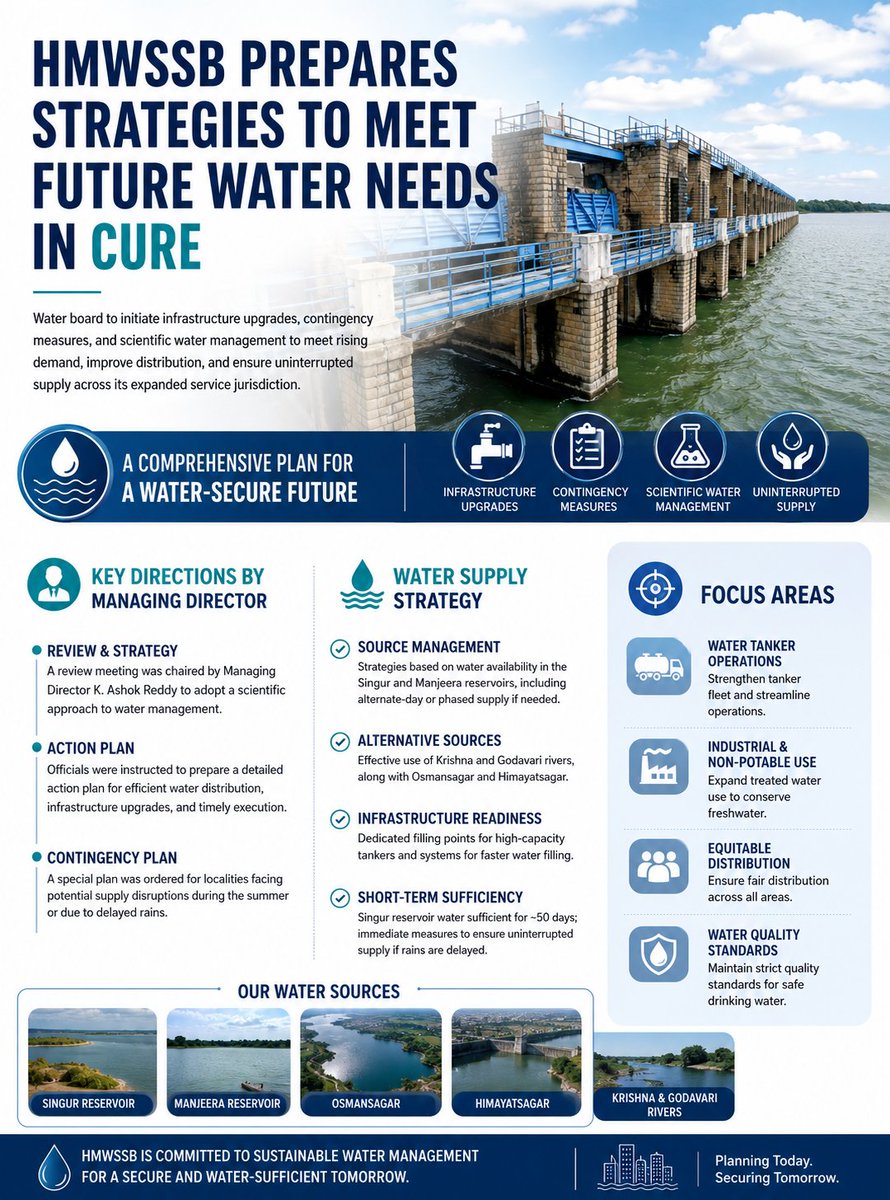 SriHarsha1995's tweet photo. Securing Hyderabad's Water Future
Under the leadership of CM @revanth_anumula Anna, the Congress Government is taking proactive steps to ensure uninterrupted drinking water supply across the expanded #CURE region.
🔹 Strengthening water infrastructure and distribution networks.
🔹 Scientific water management with contingency planning.
🔹 Better utilisation of Krishna, Godavari, Osmansagar & Himayatsagar water sources.
🔹 Improved tanker operations and strict water quality standards.
🔹 Long-term planning to meet Hyderabad's growing water demand.
A vision focused on sustainable development, efficient governance, and water security for every household.
#RevanthReddy #RevanthAnna #CongressGovernment #HMWSSB #Hyderabad #WaterSecurity #TelanganaDevelopment