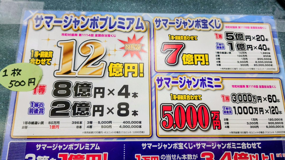 temperance_2222's tweet photo. サマージャンボ買ったぜ
新しく12億円当たるやつ出たらしい
1束5000円は高いからいつも通りのを購入
億の価値なんてわからんから安い方でいい笑 https://t.co/831ZEklhXe