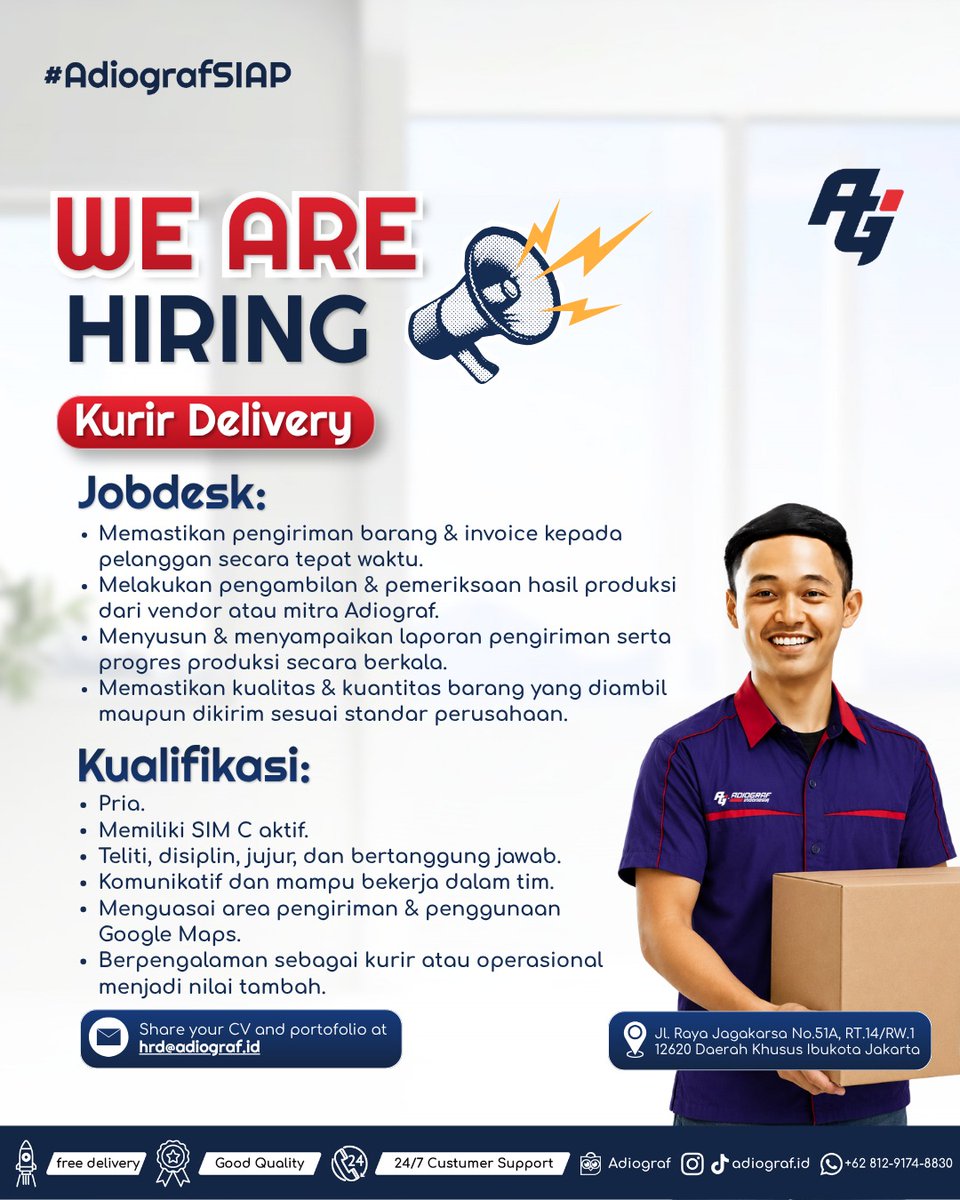 adiograf_id's tweet photo. Adiograf is #HIRING Kurir Delivery! Kirimkan CV terbaru melalui email hrd@adiograf.id
———————————
PT Adiograf Karya Indonesia
Jl. Jagakarsa Raya No. 51A Jagakarsa

0812-9174-8830
order@adiograf.id
https://t.co/bOnEld4kn0

#AdiografSIAP #infoloker #lokerjabodetabek #loker2026 https://t.co/CeBRsL5PuQ