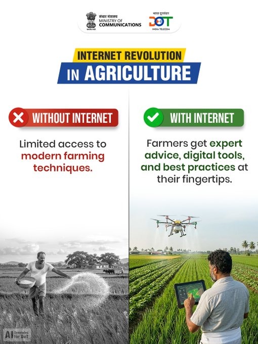 Guj_LSA_DoT_MoC's tweet photo. When information reaches the field, opportunities grow.
Digital connectivity is helping farmers make informed decisions and embrace modern farming practices. #DoT #Telecom #Mountains #Mythfact #Connectivity #ConnectingIndia #DigitalIndia #Internet
@JM_Scindia @PemmasaniOnX @PIB_India @pib_comm @DDNewslive