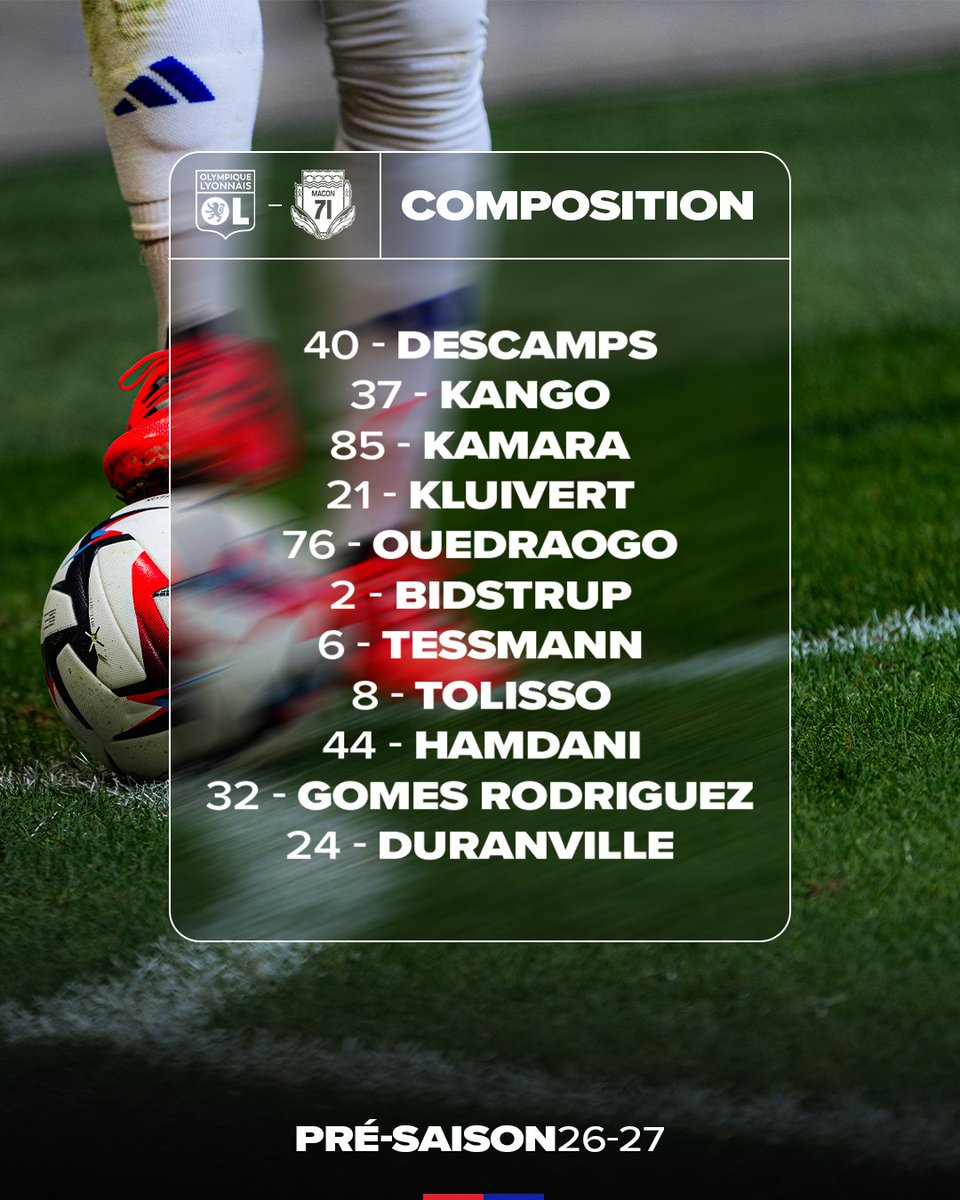 OL's tweet photo. 🦁 Notre 𝗫𝗜 𝗱𝗲 𝗱𝗲́𝗽𝗮𝗿𝘁 pour le premier match de préparation de la saison 2026/2027 ! 🔴🔵

📱 #OLMacon71, c’est à suivre en direct et en exclusivité sur @OLPLAY_Officiel 👉 https://t.co/l0oJWKFgGT https://t.co/zghiA0Dn57