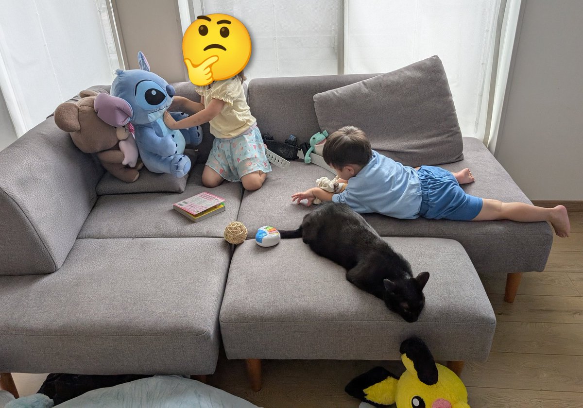 konekowohirotta's tweet photo. 3003日目。
黒猫、どーーーこだ
みたいな感じでヌイグルミと子どもの狭間に埋もれていく黒猫……であるが、結構背後でドッタンバッタンされつつ蹴られたり踏まれそうになったりしている。にも関わらず、背中に目でもあるのかイカ耳センサーが高感度なのか許容範囲が広いのか、微動だにせず…。 https://t.co/hFTdkAiQJc
