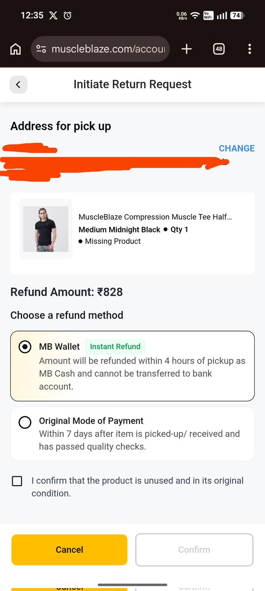 cryptoXgaming0's tweet photo. To all gym guys and @MuscleBlaze customers,

I ordered two T-shirts from MuscleBlaze for the first time. The products I received had a manufacturing date from almost a year ago, and the inner packaging was extremely dirty. Leaving that aside, the size didn’t fit, so I placed a return request.

I chose the MB Cash Wallet refund option because it was advertised as an “instant refund within 4 hours after pickup”, as I wanted to quickly reorder the correct size.

However, the return pickup itself took around 7 days, and only after repeatedly contacting support was it manually initiated. After the item was finally picked up, I expected the refund as promised. Instead, even after two days, support told me the product first needs to reach the warehouse, pass quality checks, and then the refund will be initiated — taking another 7–10 business days.

My question to @MuscleBlaze is simple: If the refund still depends on warehouse inspection and takes the same time as the original payment refund, why advertise MB Wallet as a 4-hour refund option?

Customers choose that option based on your promise. Misleading timelines waste customers’ time and create unnecessary frustration.

Your products are priced at a premium. Please make your service quality and transparency match that standard too.
