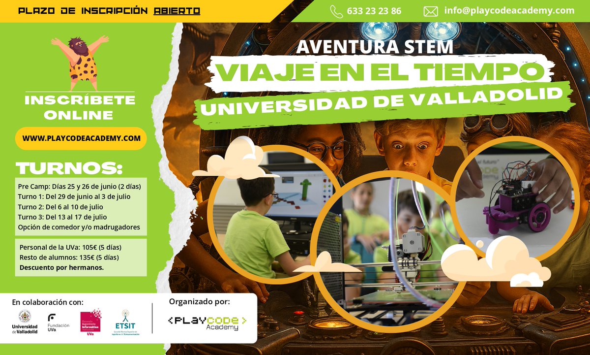 Fundacion_UVa's tweet photo. 🚨 La próxima semana, último turno del Campus Tecnológico de Verano en la UVa en el Campus Miguel Delibes de  Valladolid. 

🔹Para escolares de 6 a 16 años
🔹Servicio de madrugadores
🔹Servicio de comedor  
🔹Descuentos para la comunidad UVa

ℹ️ https://t.co/pHGg0xOtdJ https://t.co/NtMk3xezDb
