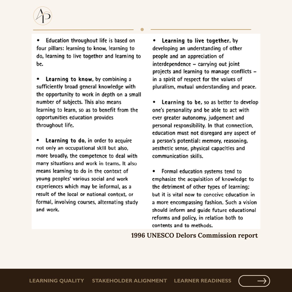 _ademolaphilip's tweet photo. The World Bank reminds us that schooling is not the same as learning.
 
The Delors Report speaks of learning to know, do, live together, and be.
 
Nigeria’s education policy also points to development, citizenship, values, skills, and self-reliance. https://t.co/9rQtO52MxM
