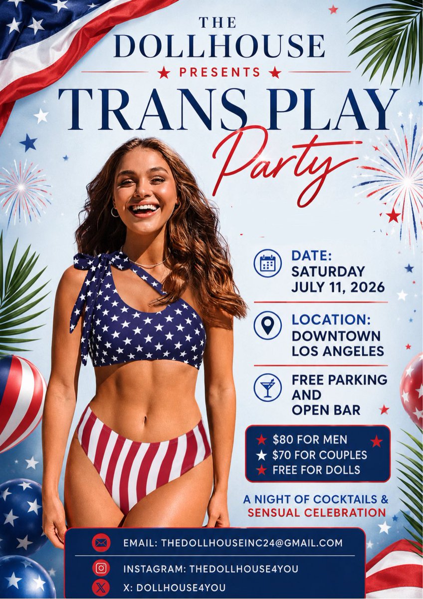 dollhouse4you's tweet photo. β¨The Dollhouse presents TRANS PLAY PARTY! β¨πΊπΈ
πΈ Open Barβ¨π Free Parkingβ¨π Downtown Los Angelesβ¨π
Saturday, July 11, 2026
β¨π Free for Dolls
Join us for a fun, welcoming night of cocktails, music
π§ RSVP: thedollhouseinc24@gmail.com
#TransPlayParty #TheDollhouse #DTLA https://t.co/cS06bOiY2C