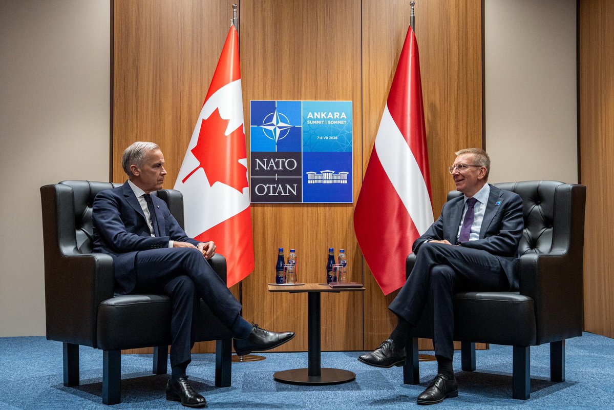 edgarsrinkevics's tweet photo. Meeting with @CanadianPM @MarkJCarney to recognize a decade long build-up of Canadian-led multi-national troop presence in Latvia. OTD in 2016 at the Warsaw Summit a historic decision was made to establish enhanced forward presence. 🇱🇻 and 🇨🇦 are trusted Allies and partners! https://t.co/wxDjJLHoeG