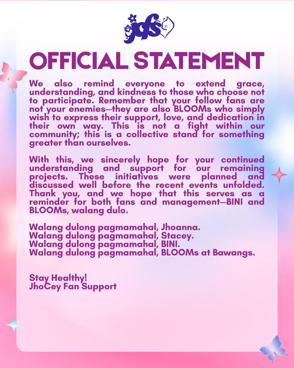 projectjhocey's tweet photo. [ADVISORY]

JhoCey Fan Support comes in solidarity to call foe change, advocate for transparency, accountability, and to ask for better management and treatment for Jhoanna, Stacey, and BINI.

This call comes from our unwavering love, support, and effort to call for better changes, for both BINI and BLOOMs.

Kasama ninyo kami sa laban, Bawangs and BLOOMs. 

Kindly read our statement below.