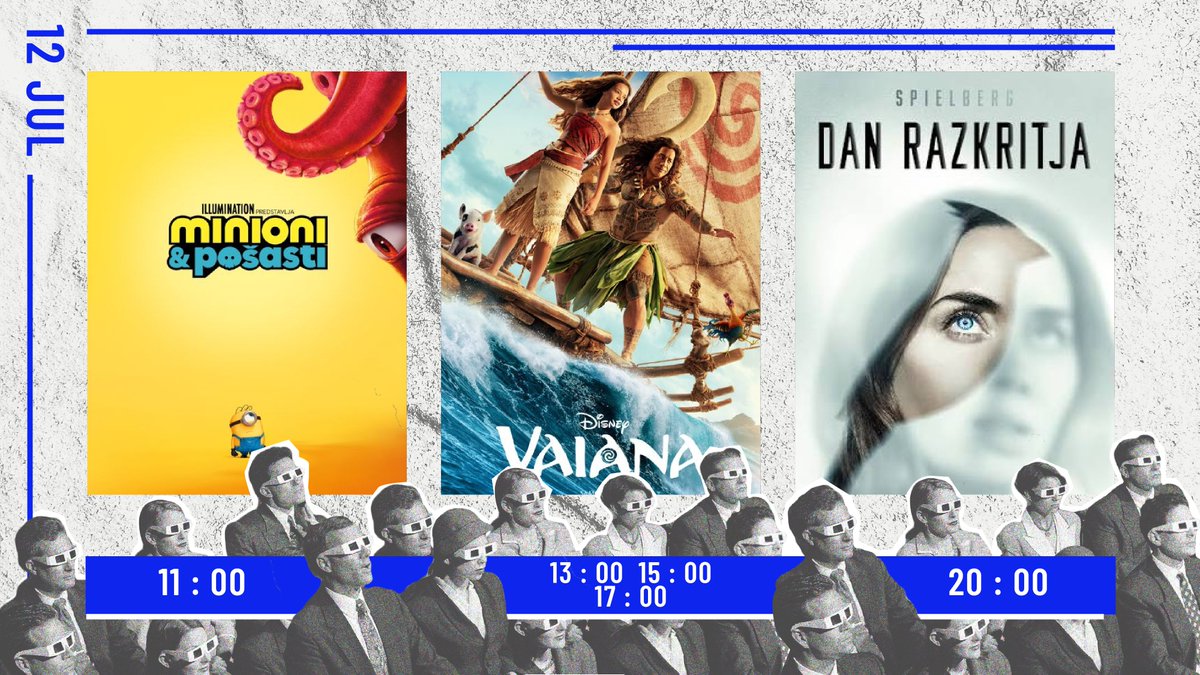 KinoBezigrad's tweet photo. NEDELJA! #spored👇
11.00 - Minioni in pošasti 🍌
13.00 - Vaiana 🌊
15.00 - Vaiana 🌊
17.00 - Vaiana 🌊
20.00 - Dan razktrija 🔍 https://t.co/IuNxSrP5B1