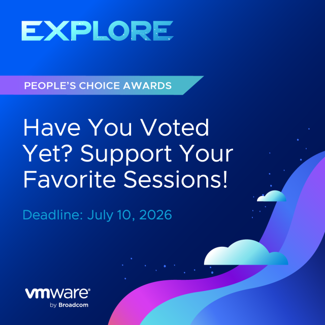 vmwarensxcloud's tweet photo. The #VMwareExplore People’s Choice Awards are officially open. The top runner-up session proposals are on the ballot, and it’s your turn to vote for what you want to see take the stage in Las Vegas. Cast your vote today: https://t.co/tkzBADx5iT https://t.co/fXrYSGhSag