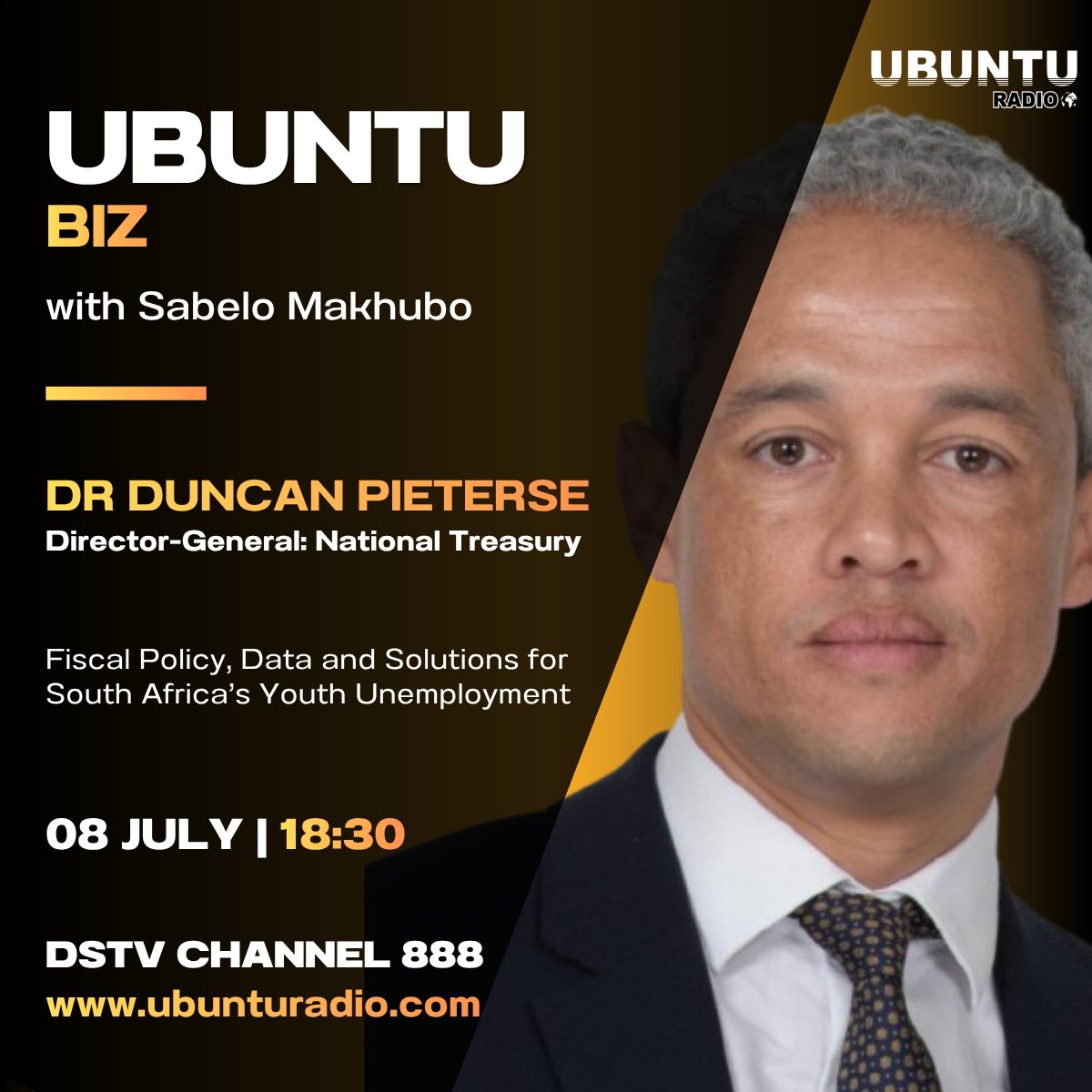 UbuntuRadioZA's tweet photo. Don’t miss Dr Duncan Pieterse (@Treasury_RSA DG) in conversation with @sabelo_makhubo on youth #unemployment, fiscal policy & data - following his #GTACPEC keynote!
🕡 18:30 today
📺 DSTV 888
💻 https://t.co/bMXcgeryDb
📱 WhatsApp: 068 698 6998 https://t.co/QXWVNMNlb9