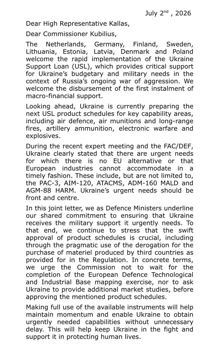 SwedeninEU's tweet photo. Letter from the Defence Ministers of 🇸🇪 🇳🇱 🇩🇪 🇩🇰 🇪🇪 🇵🇱 🇱🇻 🇫🇮 🇱🇹 to EU Commissioner @KubiliusA and HRVP @kajakallas on the need for Ukraine to have full flexibility in using its €90 billion loan for its urgent military needs. https://t.co/pyW1i7RZSA